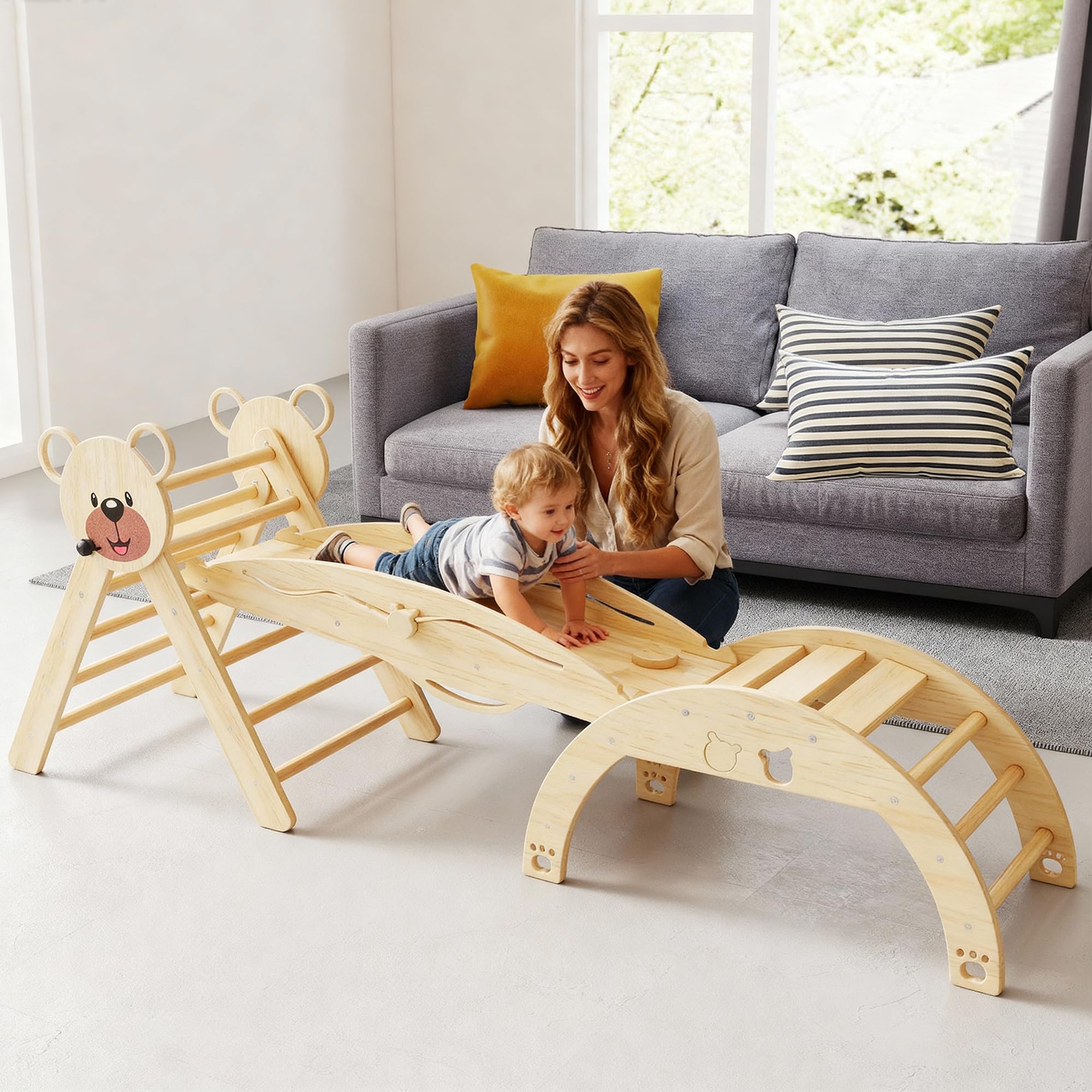 Klettergerüst Indoor,Holz Montessori Kletterdreieck mit Rutsche, Bogen，Leiter&Spielmatte ，für Kinder ab 1 Jahr(Naturholz)