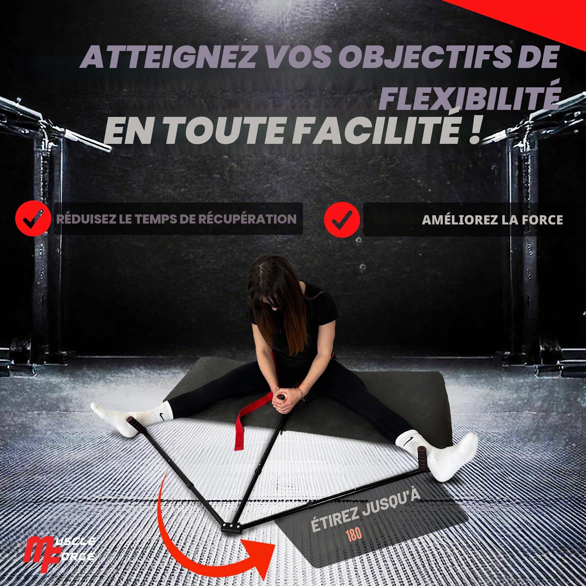Barre d’écartement – réglage à 6 niveaux, écarteur de jambes réglable 3 bras acier inox, grand écart 180°, stretching ballet, arts martiaux, poignées antidérapantes, sangle incluse, pliant