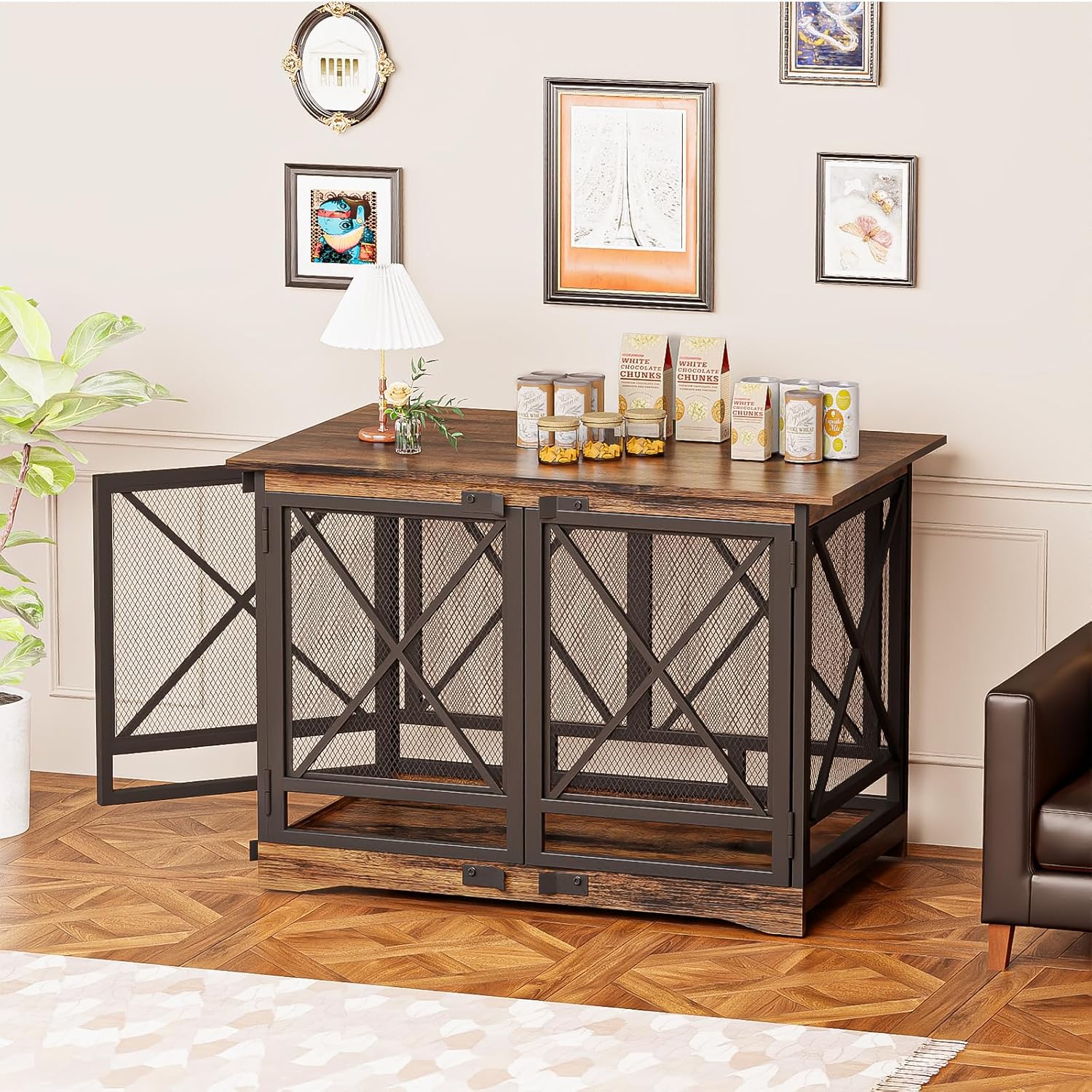 COZPAW Large Dog Crate Furniture in a living room setting, with doors closed, functioning as an end table.