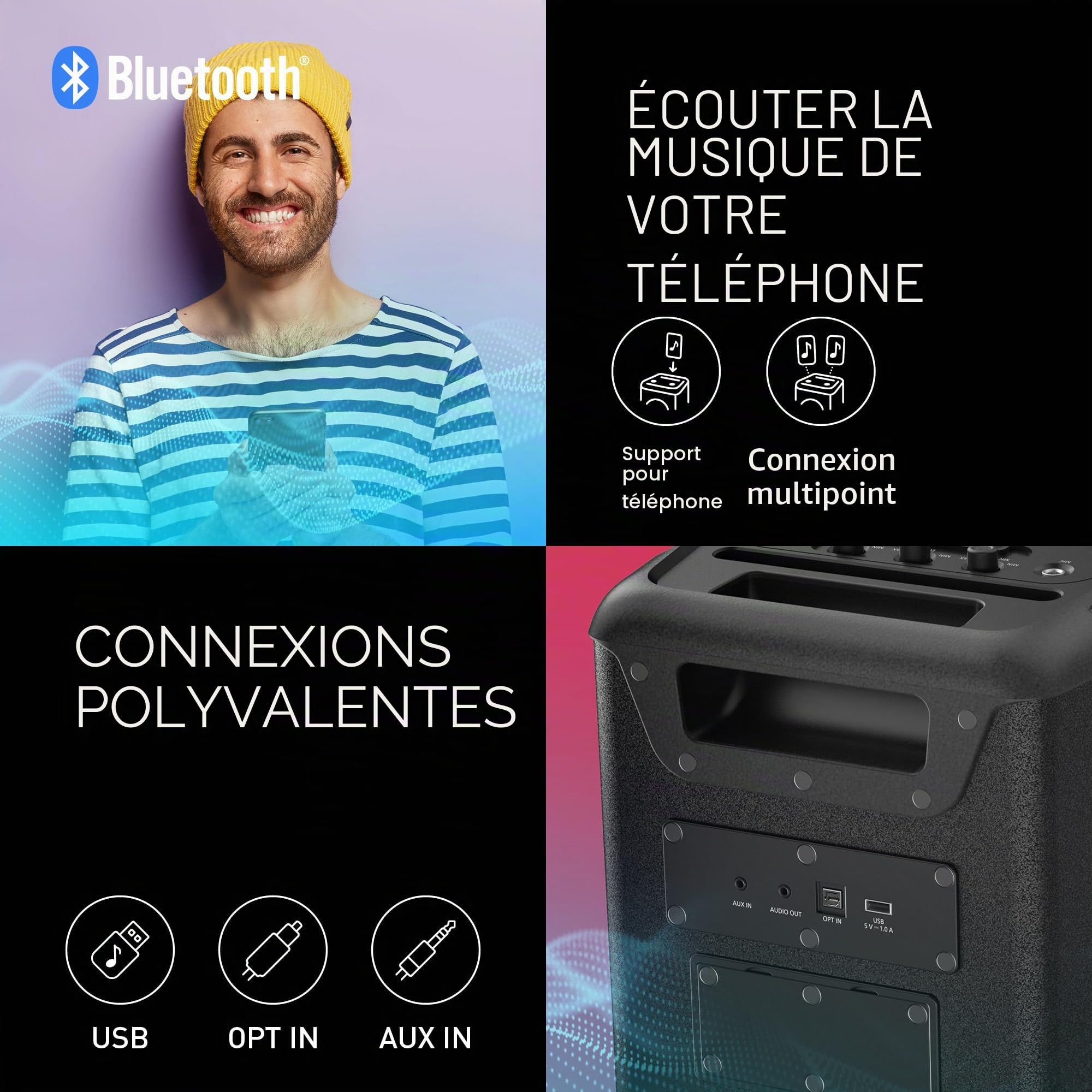 Panasonic SC-BMAX10E-K Enceinte de Fête Portable avec Bluetooth, Lumières Intégrées, 150W, USB, Entrée Optique pour TV, Entrées Guitare et Micro pour Karaoké, Noir
