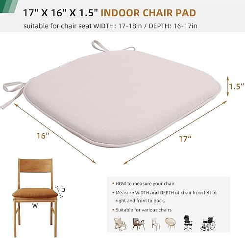 Miniatura 4 de Juego de 2 cojines para sillas de interior, color beige, 17 x 16 pulgadas, almohadillas de espuma de alta densidad con lazos y respaldo