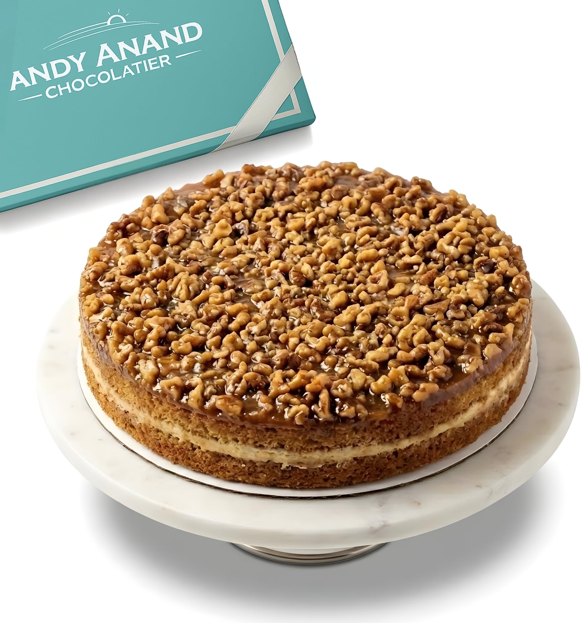 - ANDY ANAND CHOCOLATIER Sugar Free Caramel Walnut Cake, 9-Inch, 2 lbs - Freshly Baked, All-Natural Ingredients, No Preservatives - Gourmet, Delicious & Moist Dessert