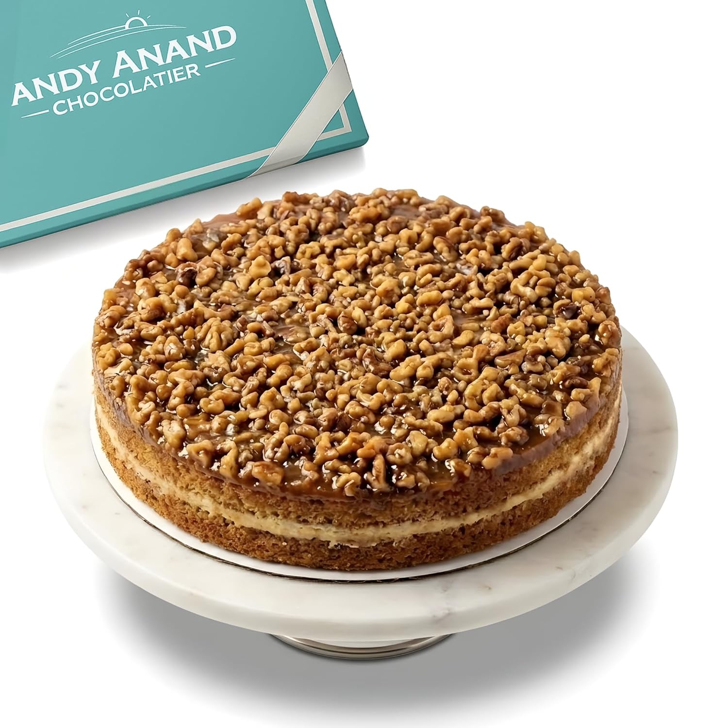 ANDY ANAND CHOCOLATIER Sugar Free Caramel Walnut Cake, 9-Inch, 2 lbs - Freshly Baked, All-Natural Ingredients, No Preservatives - Gourmet, Delicious & Moist Dessert