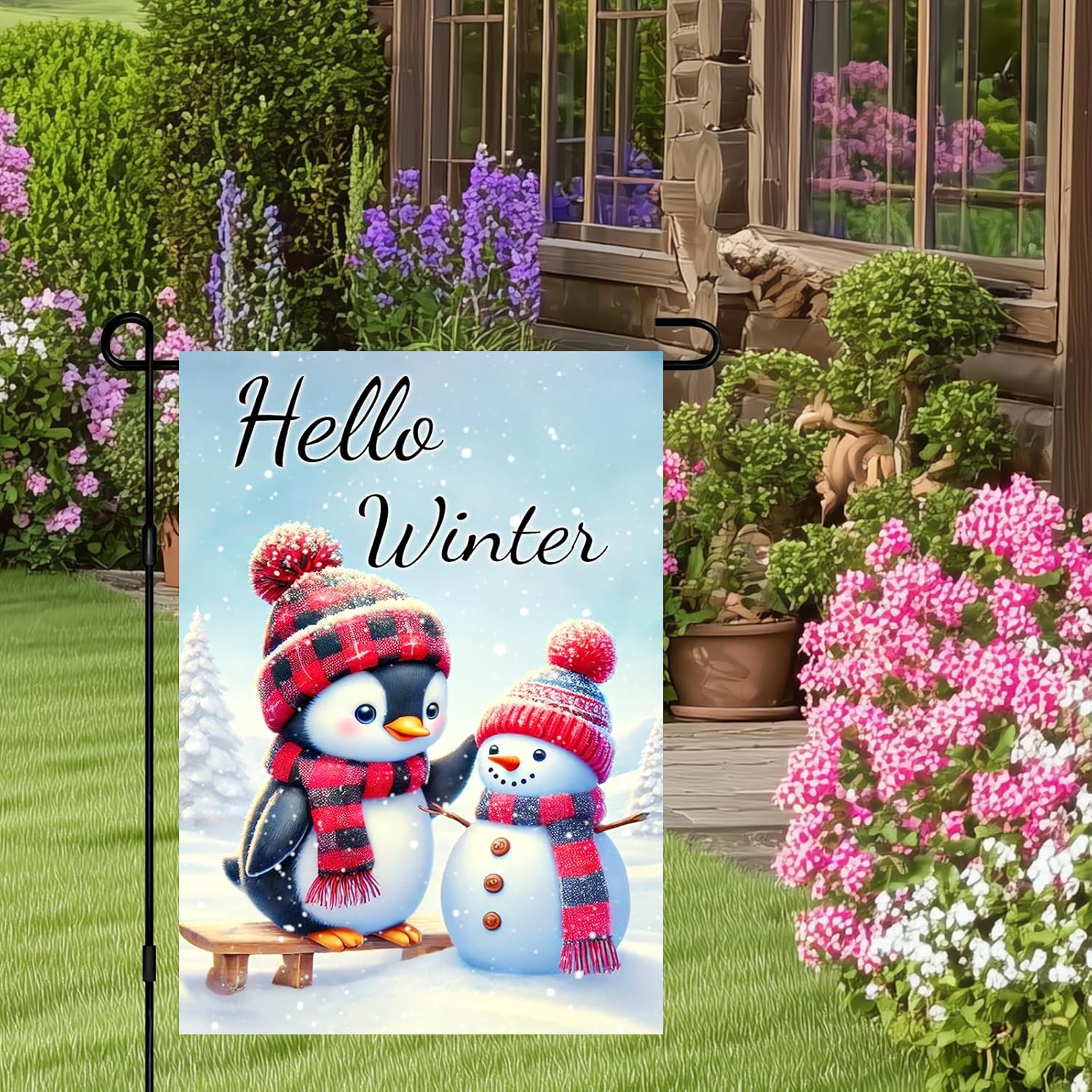 Hello Winter Garden Flag 12x18 Inch Penguin Snowman Flag Seasonal Holiday Outdoor Decoration for Yard Porch Lawn Christmas Winter Decor Banner - Image 5