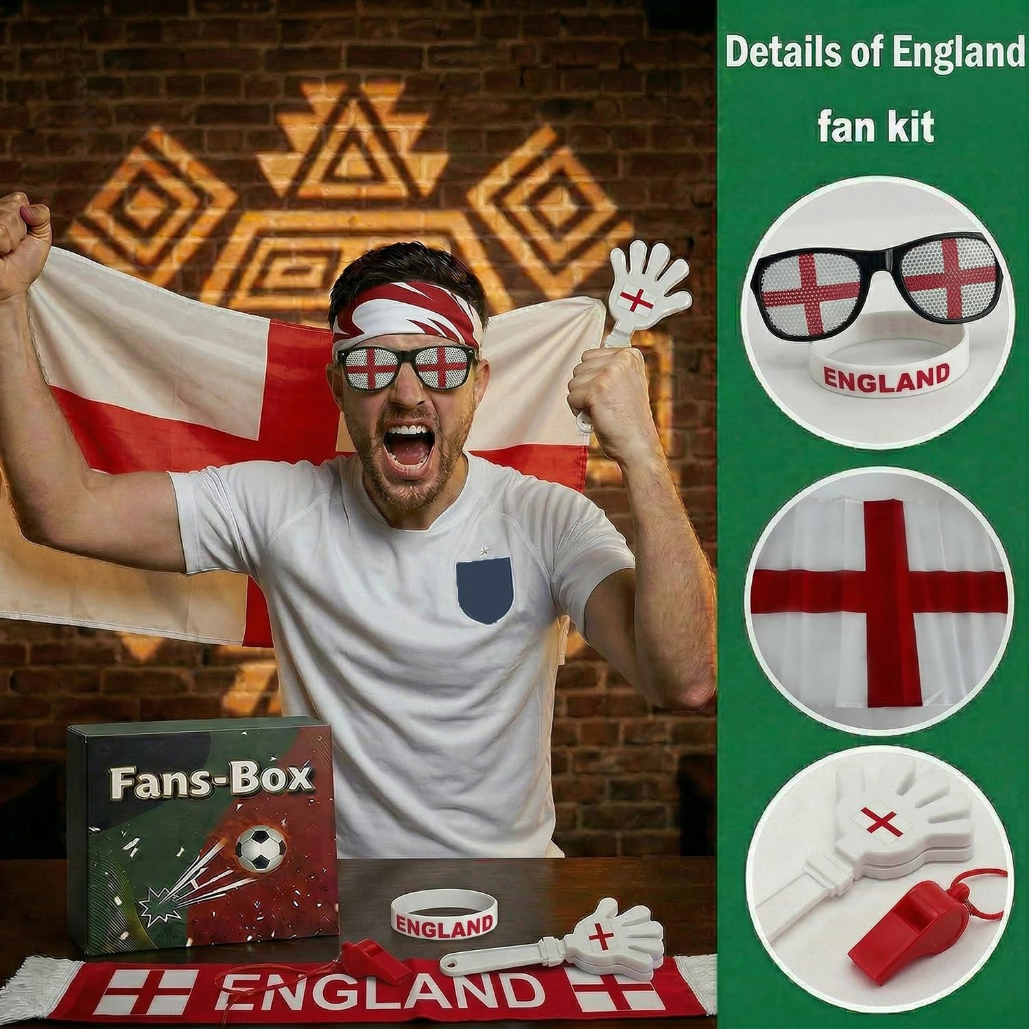 7 Pcs Cheering Kit for Football Matches, 2026 England Soccer Fan Game Day Accessory Set, Includes Flag, Glasses, Whistle, Clapper, Wristband, Scarf & Headband - 3