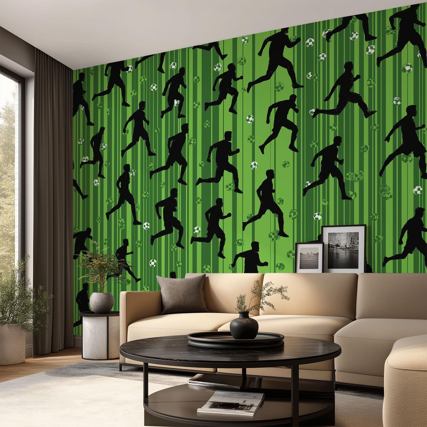 Dekoracja ścienna fototapeta 350 x 256 cm, sportowa powierzchnia, boisko piłkarskie, sylwetki sportowców, tapeta ścienna turkusowa do pokoju chłopców, do pokoju treningowego, tapeta z włókniny, obraz