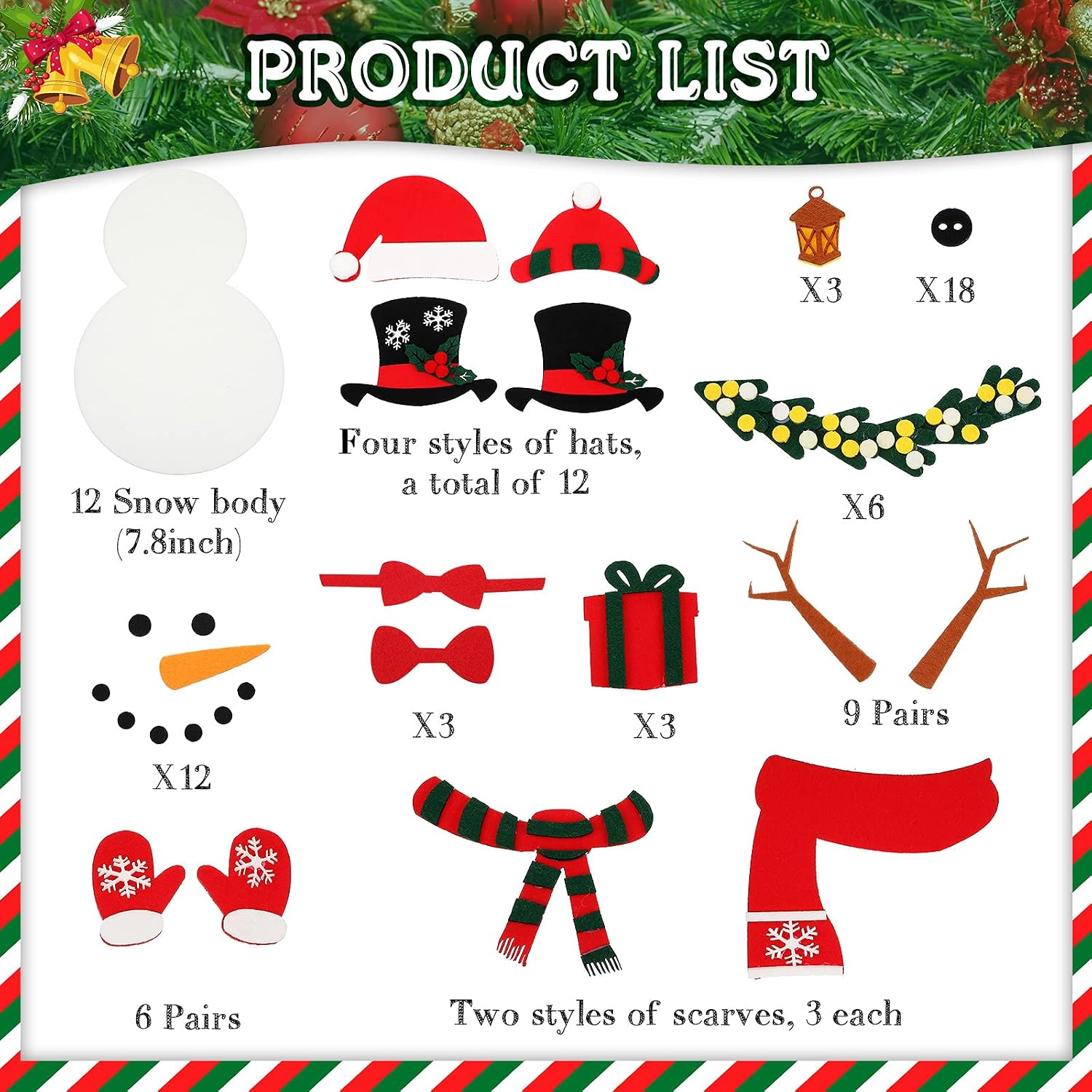 12 Sets Christmas DIY Felt Snowman Kits, Include 7.8 Inch Felt Snowman Boards Christmas Hat Glove Bow Tie Ornaments Colorful Felt Snowman Game Set for Xmas Winter Home Wall Door Decorations