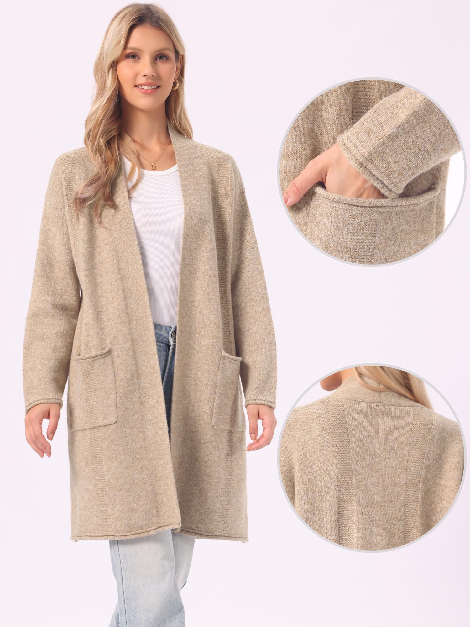 Allegra K Gilet Long Cardigan pour Femme, Ouvert sur Le Devant, Manches Longues, en Mailles décontractée, avec Poches