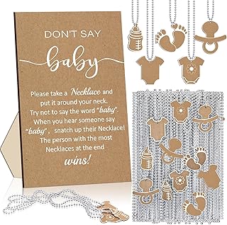 51 Pcs Don't Say Baby Shower Game Supplies Include Kraft Paper Wooden Baby Shower Sign and 50 Wood Pacifier Necklaces for Girl Boy Gender Reveal Party Decor