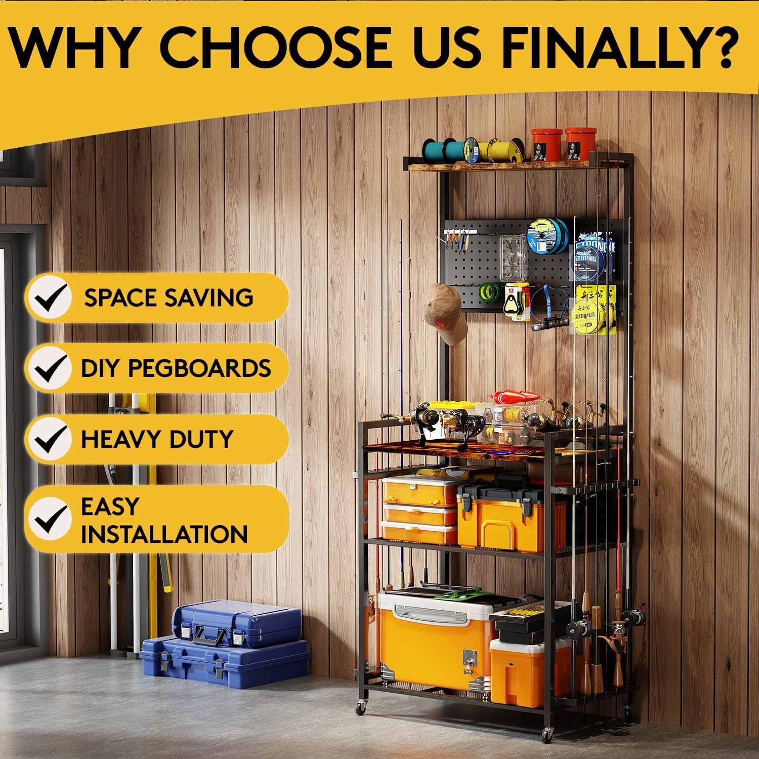 Fishing Rod Holders for Garage, 66*29 Inch Fishing Pole Holders with Hooks and Wheels, Adjustable Height Fishing Rod Rack Storage Organizer for 12 Rods, Tackle Box, Ideal Gift for Dad Anglers