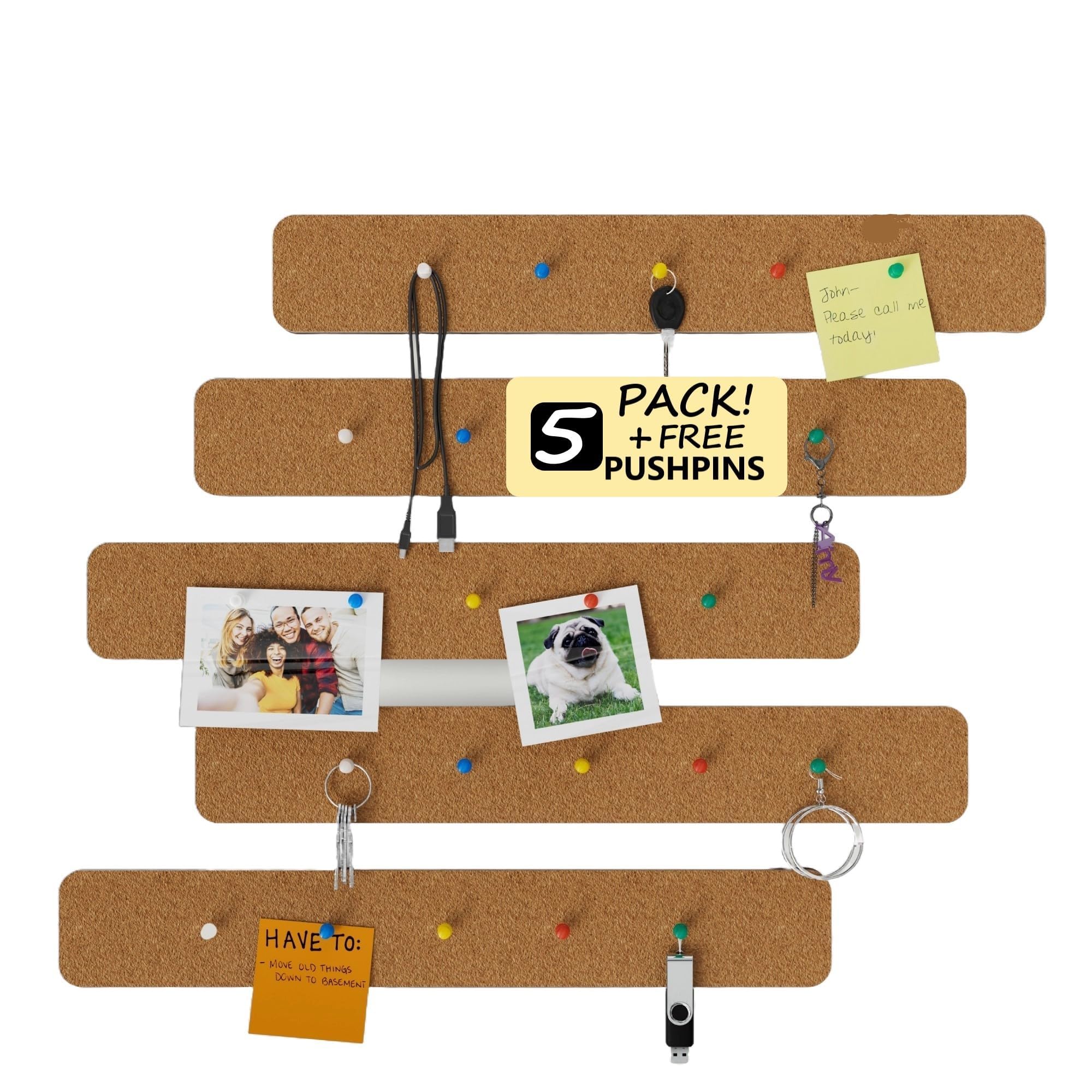 Cork Board Strips for Walls, Strong Adhesive, 5 Strips, 35 Push Pins, Light Brown, Matte Finish