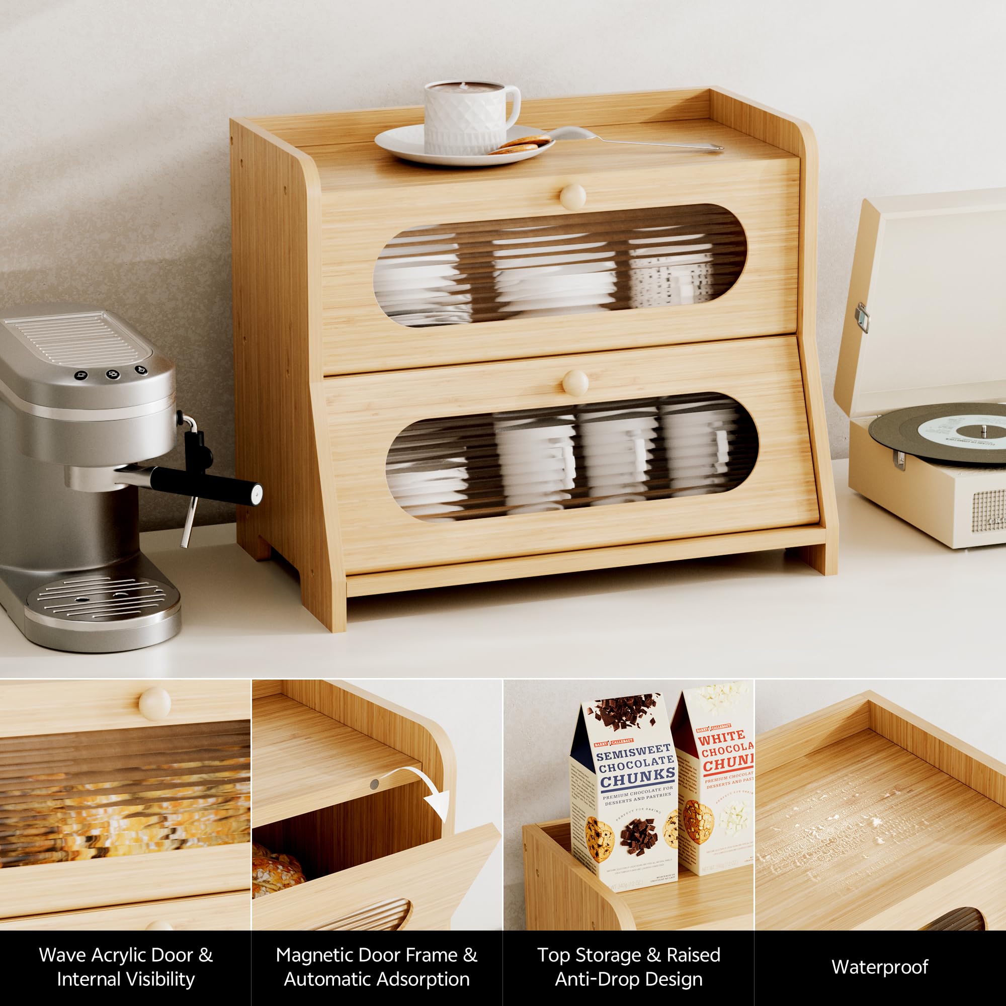 Panera para encimera de cocina, contenedor grande de almacenamiento de pan de bambú de doble capa con panel de puerta ondulado acrílico (natural)