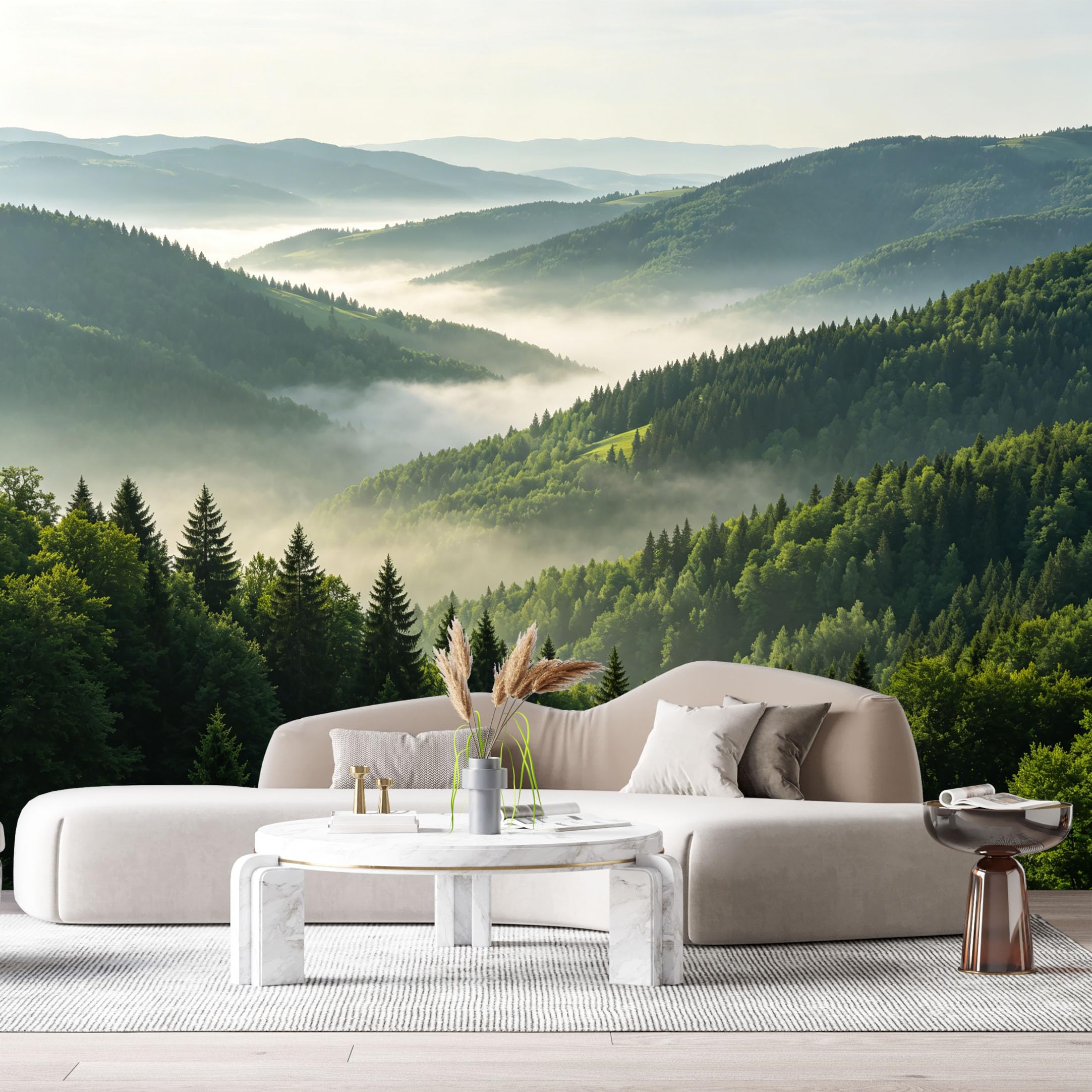 Custom Size Wall Murals Morning Mist Mountain Landscape Forest Valley View SelfAdhesive Wall Fabric Removable Large Wallpaper for Photo Living Room