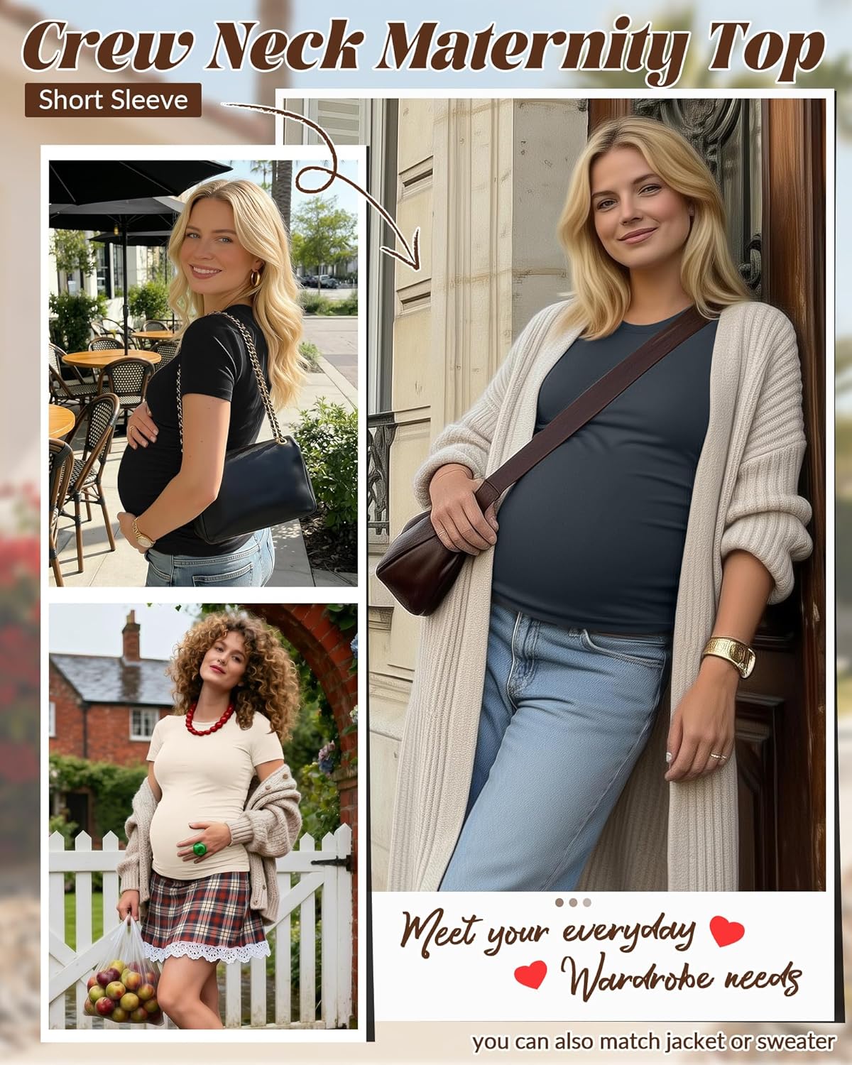 Huukeay 4 Pack Women's Maternity Shirts, Crew Neck Maternity Top Short Sleeve Casual Cotton Tee Side Ruched Pregnancy Clothes - Image 3