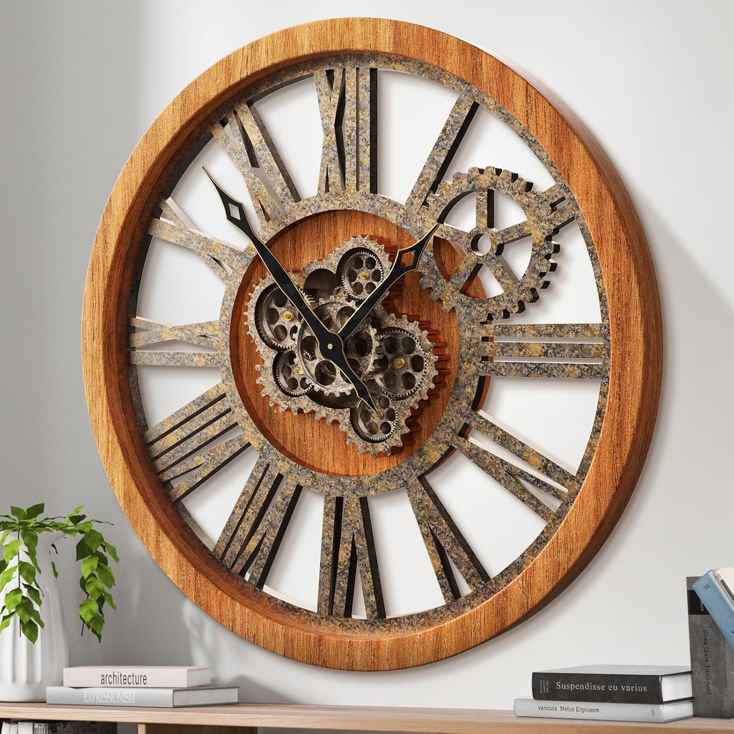 HOIBAI Large Wall Clock 24 Inch Large Clocks for Living Room Decor with Moving Gears Vintage Industrial Steampunk Farmhouse Big Clock for Home Kitchen Bedroom Office
