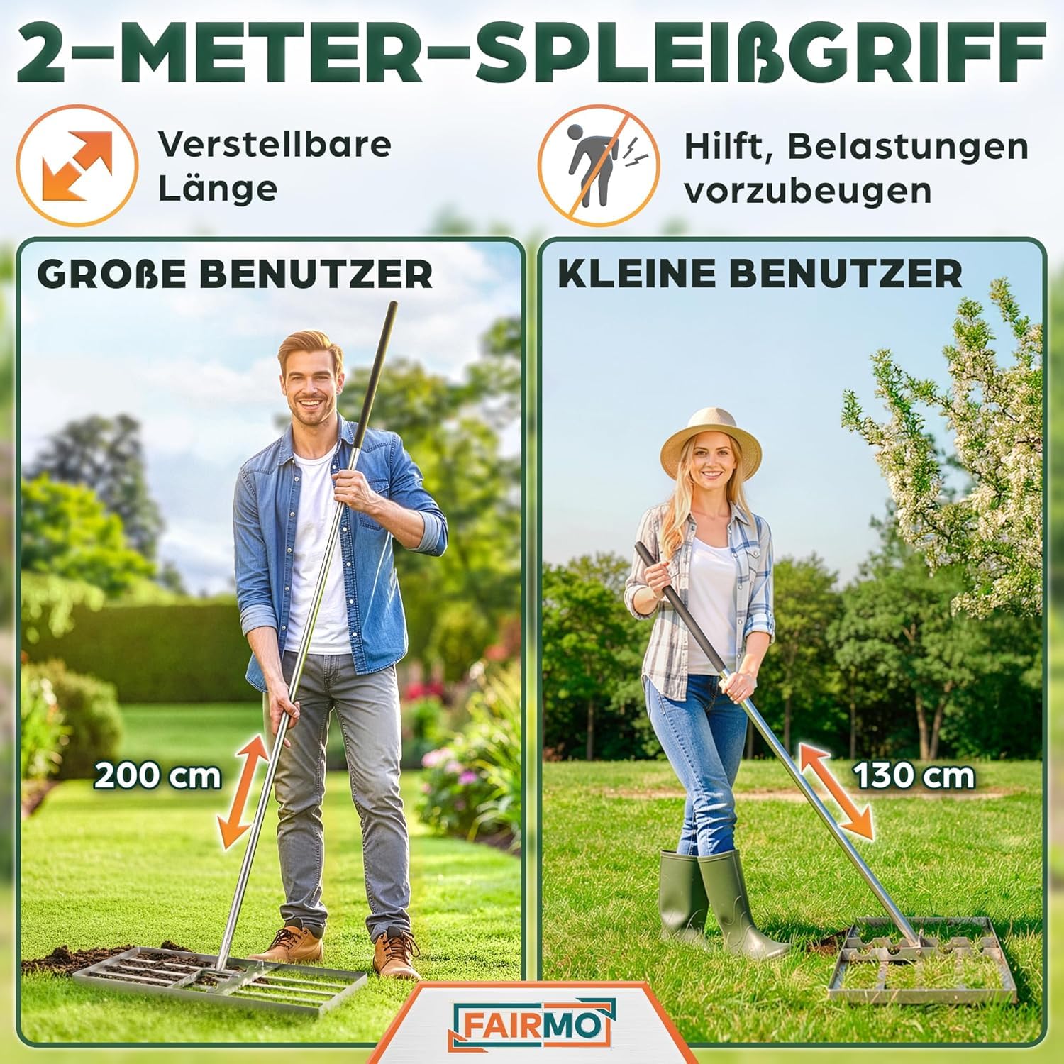 Rasenrechen Rasenrakel Edelstahl (75x35 cm) von Fairmo [für sattgrünen Rasen] - Rakel für Rasen inkl. 2 Meter Stiel - Rasenpflege mit Nivellierrechen - Rasenrechen breit Sanden