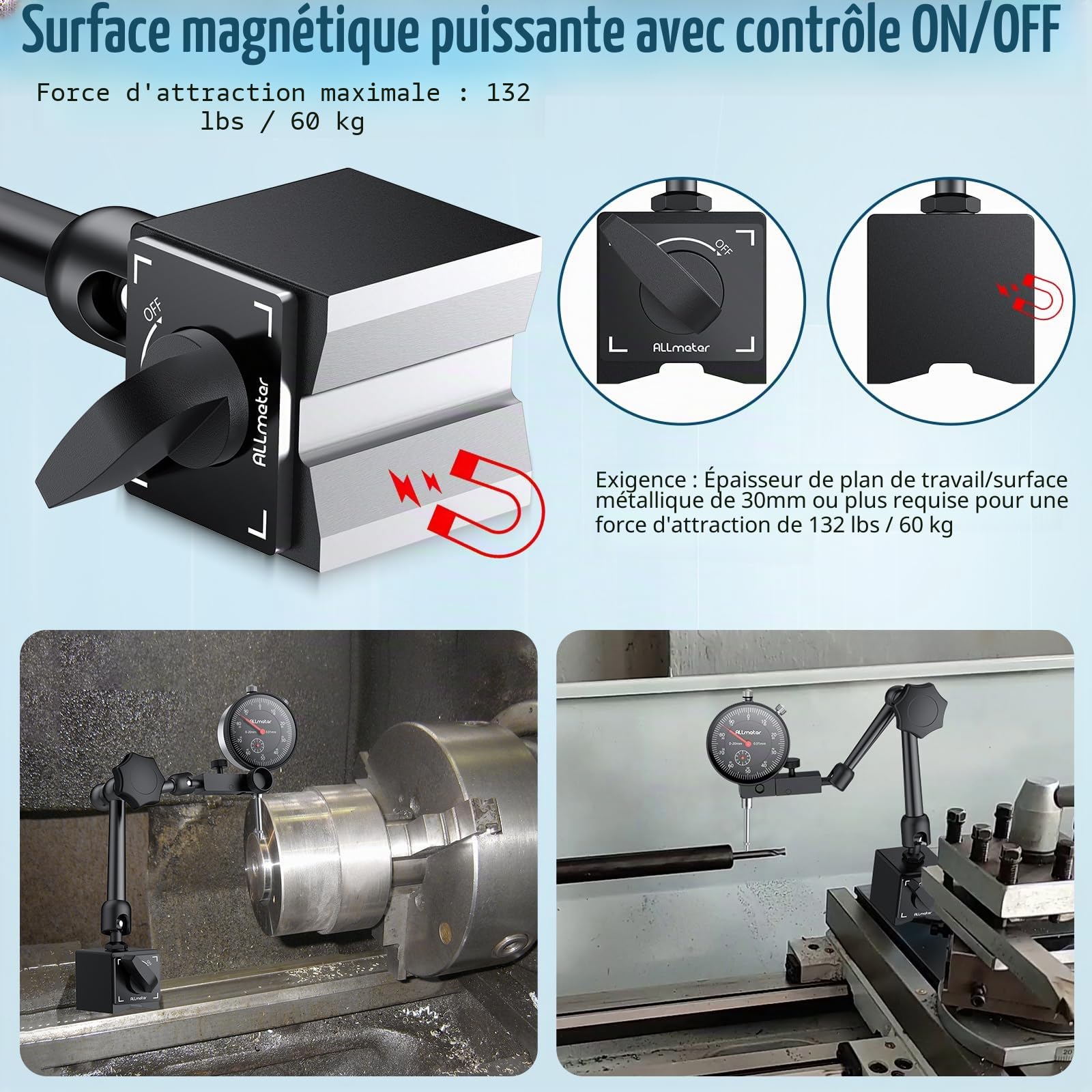 Micromètre comparateur mecanique 0-20 mm avec Base magnétique Traction max 60kg 3 Articulations flexibles et réglables Pour tours-fraiseuses CNC et contrôle de pièces de précision