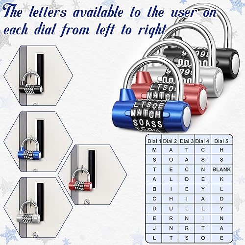 Miniatura 6 de SHENLIU 4 piezas de cerradura de combinación de 5 letras de metal para gimnasio, casillero de palabras de 5 dígitos, cerradura reiniciable de alta