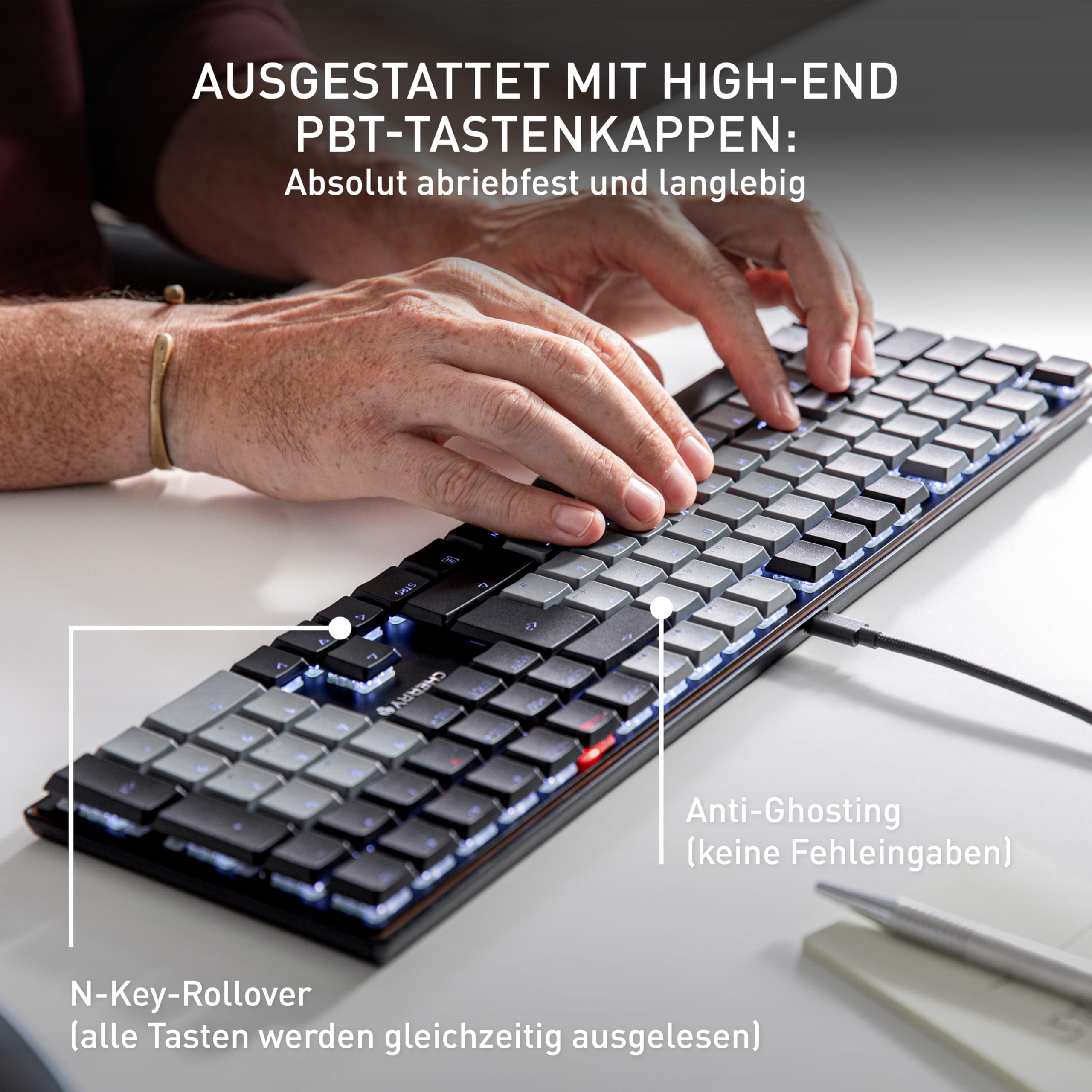 CHERRY KC 500 MX LP, Mechanische Low-Profile-Tastatur, Deutsches Layout (QWERTZ), Kabelgebunden (USB-A), Weiße Beleuchtung, MX LP 2.0 Ivory Switches, Schwarz