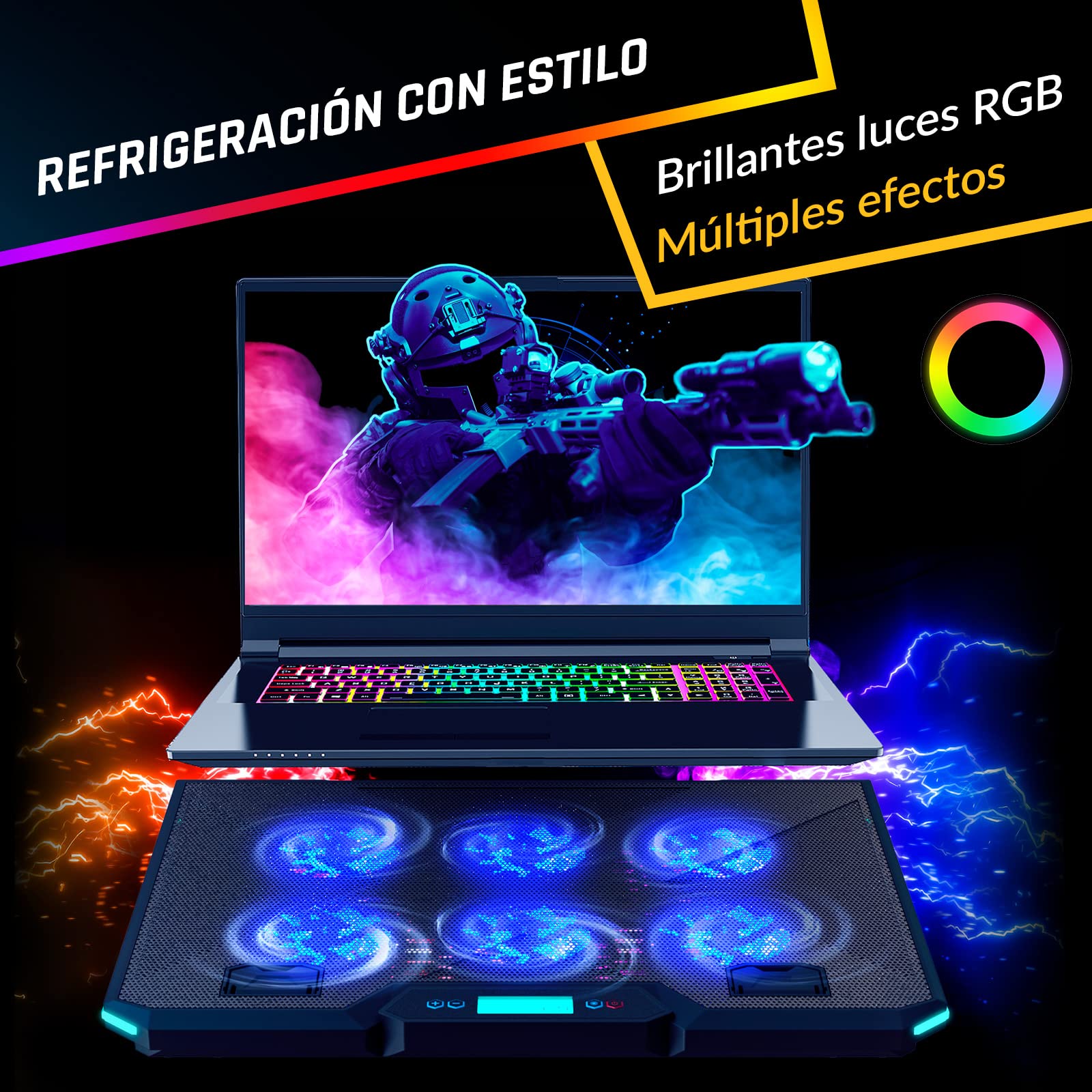 KLIM Glacier - Base refrigeradora portátil de 6 Ventiladores - Nuevo - Iluminación RGB - 11" a 17" - Refrigeración para portátil Gaming - USB - Estable y silenciosa - Compatible PC Mac PS4 Xbox