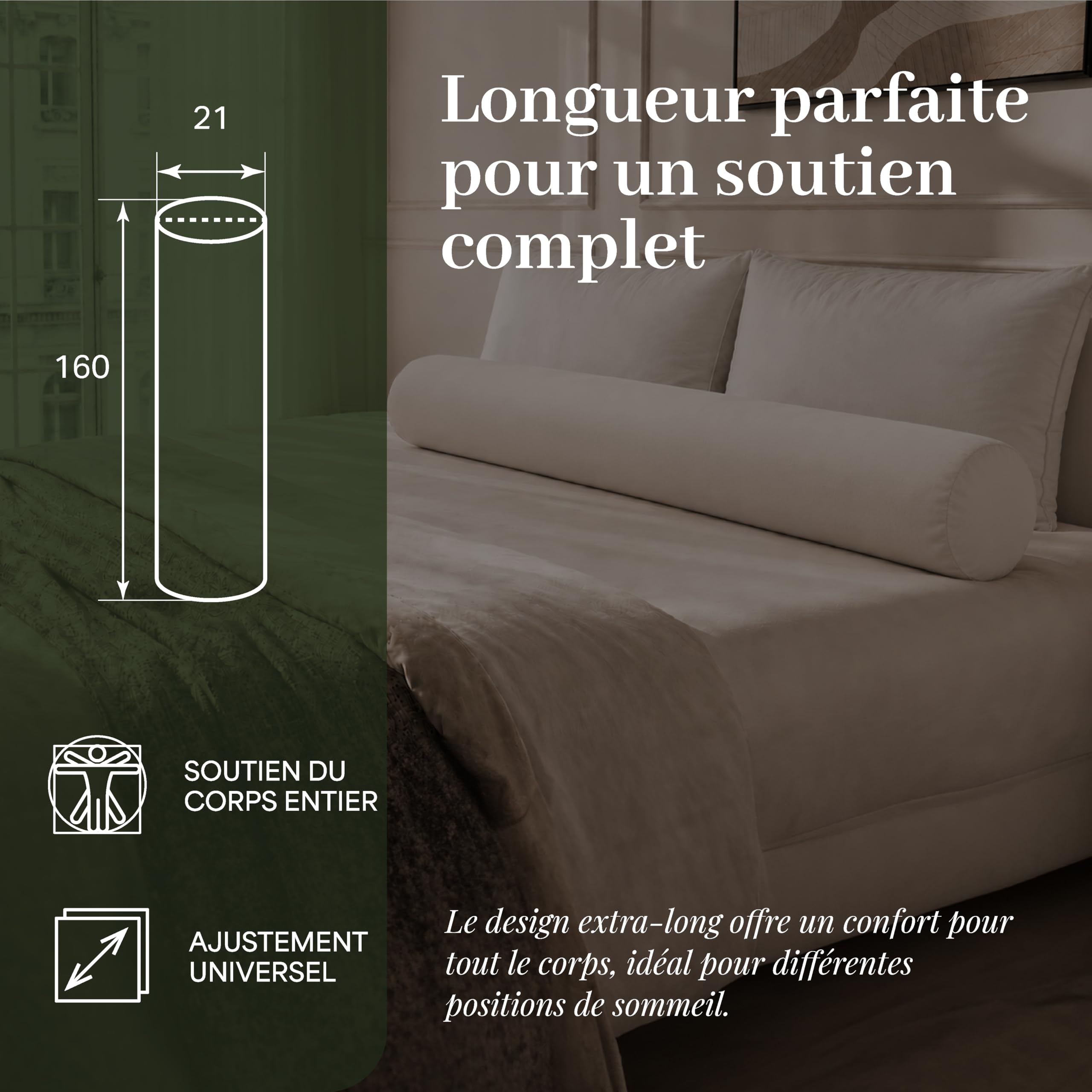 FAM Home Traversin 160 cm 1 pcs - Oreiller Traversin 21 x 160 - Polochon 160 cm pour 2 Personnes Orthopédique Respirant Lavable Fibres Creuses en Polyester Recyclé qualité hôtelière Douce