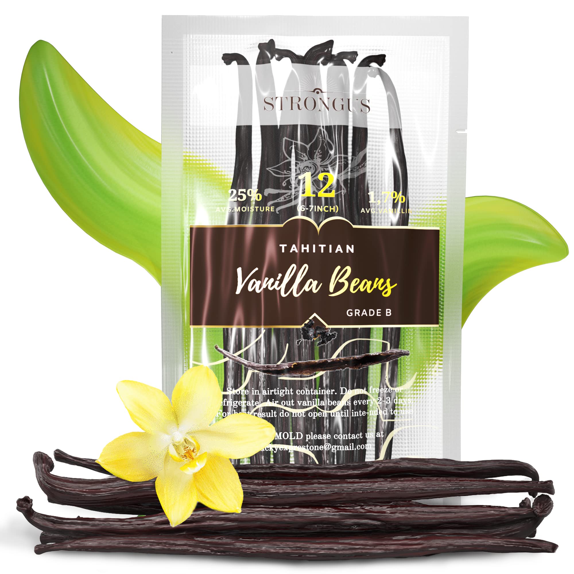 Strongus Large Tahitian Vanilla Beans - Vacuum Sealed Grade B Vanilla Pods - Rich, Creamy Flavor & Aroma - Ingredients for Baking, Homemade Extract, Paste, Brewing, Coffee, Cooking - 5-6", 12-Pack