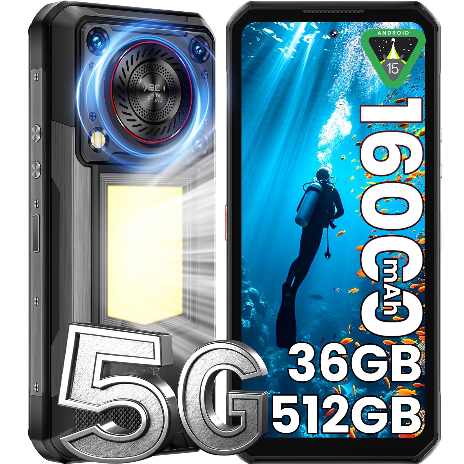 OUKITEL WP56 Rugged Smartphone Andriod 15 5G, 36GB+512GB/2TB Telefono Indistruttibile 16000mAh, 108MP+32MP, Luce 1000LM +128dB, 120Hz 6.8" FHD+, IP68/69K, Fingerprint/Face ID/Dual SIM/OTG/NFC/GPS-Nero