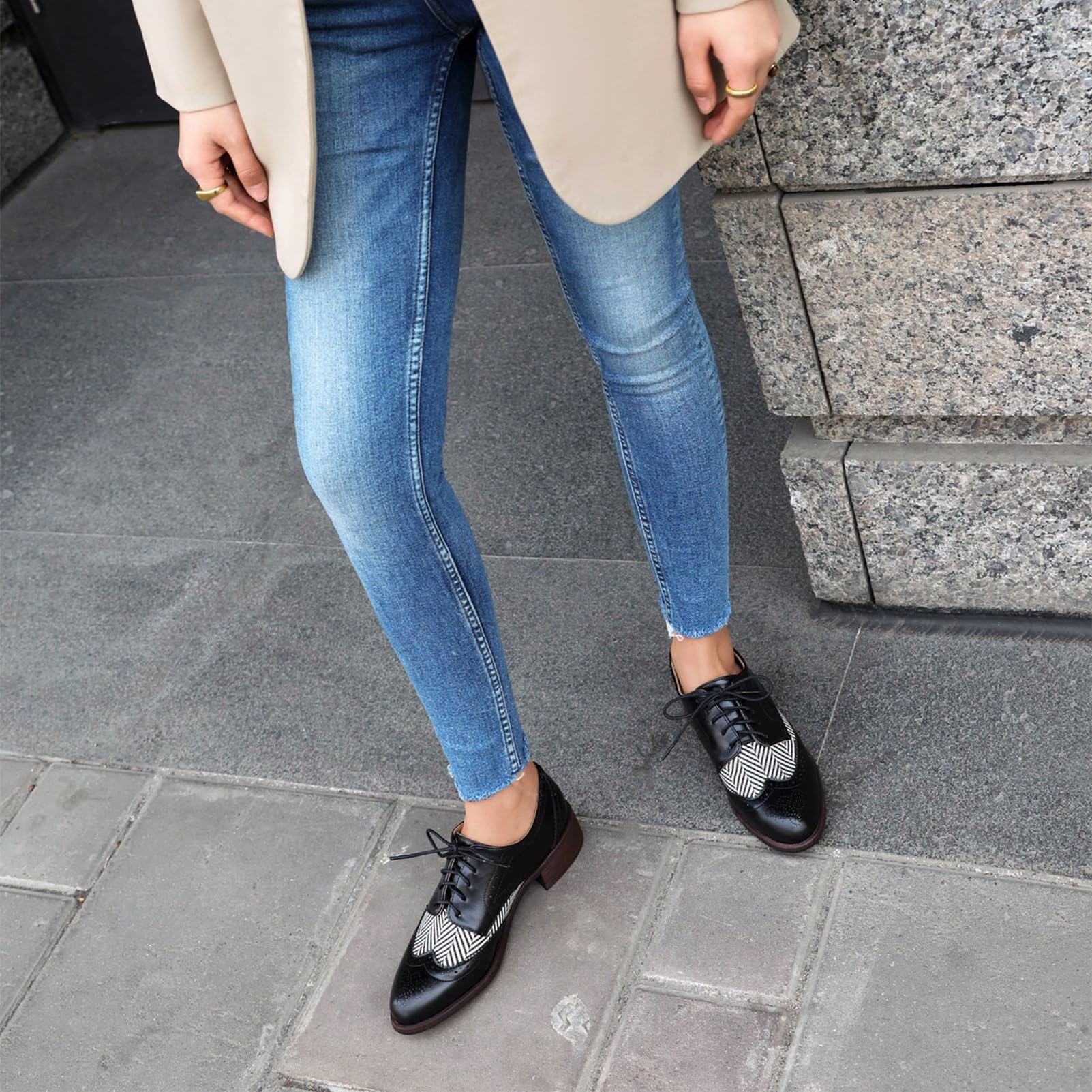 rismart Donna Classico Stringato Wingtips Tacco Grosso Contrastante Oxfords Scarpe Eleganti