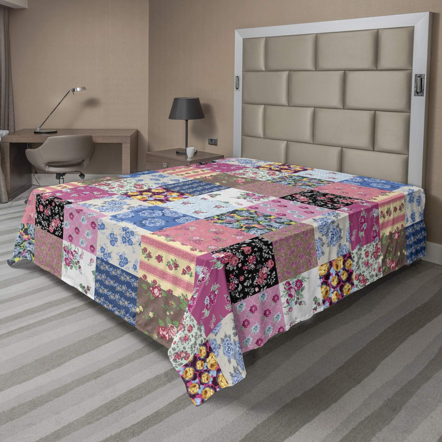 Ambesonne Vintage Flat Sheet, Geometric Checkered Squares with Blooming Flowers Spring Season Plant Arrangement, Soft and Comfortable Top Sheet Decorative Bedding 1 Piece, Full Size, Multicolor