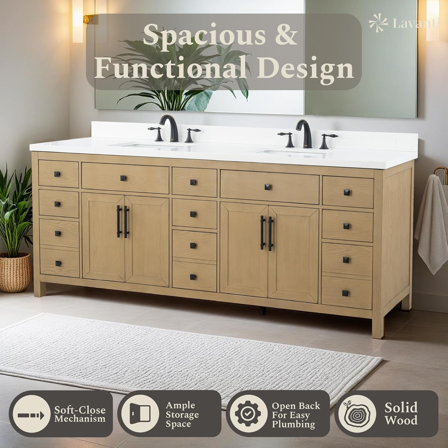 Lavanti Oakford 84 Inch Bathroom Vanity with Sink – Stylish Firwood Oak Vanity Bathroom with Storage Cabinet – Modern Bathroom Vanities with Double Vanity Sink & Quartz Countertop