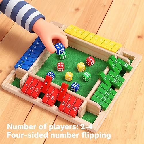 Miniatura 6 de Juego de mesa Shut The Box, juego de mesa de dados de madera con tapa de cuatro lados, juegos de dados de madera mejorados para 2 a 4 jugadores,