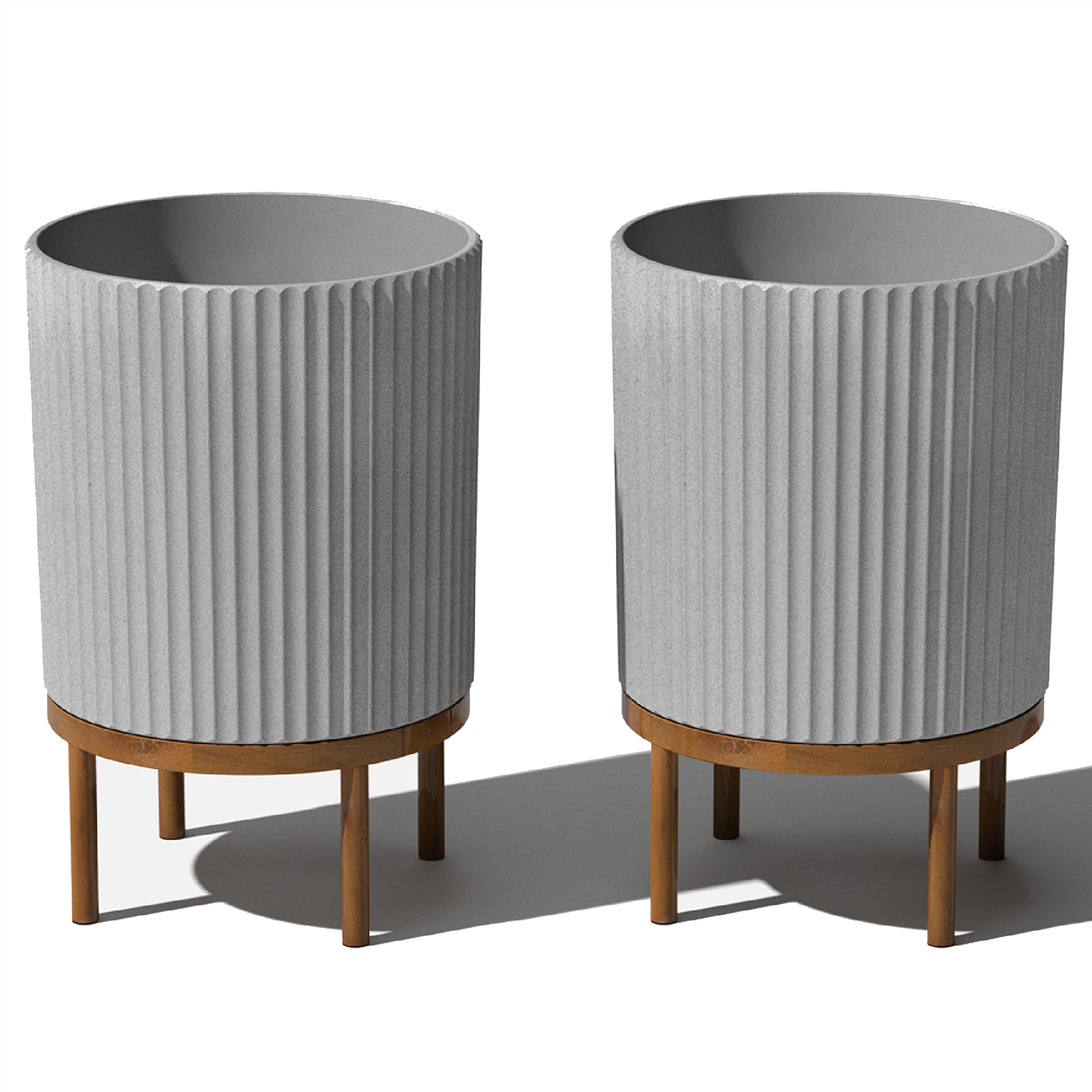 Veradek Demi Series Round Planter w/Stand for Porch/Patio | Durable Plastic-Stone Composite & Wooden Stand | Modern Décor for Tall Plants, Flowers