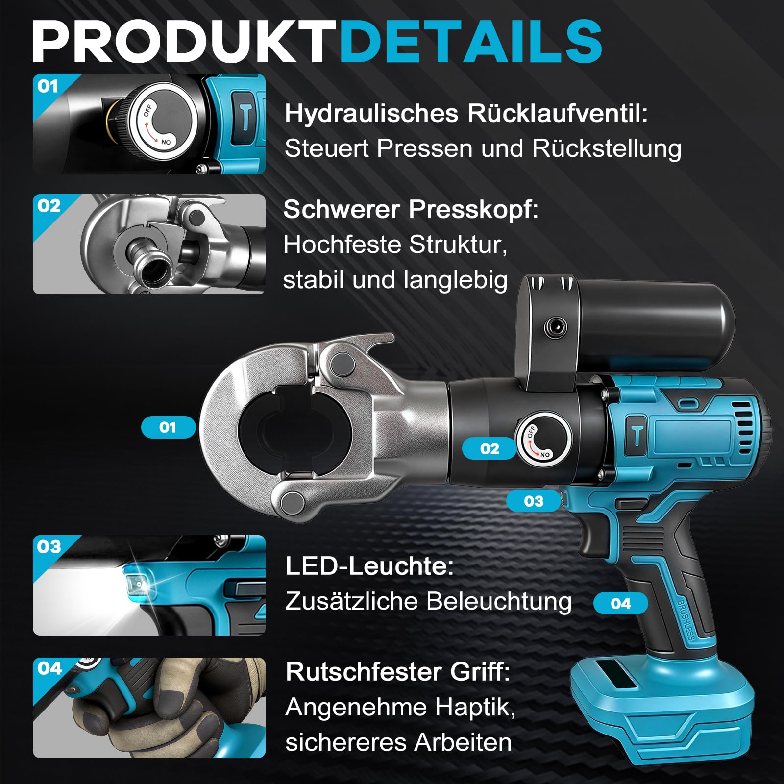 Akku Presszangen Kompatibel mit Makita 18V für Kupferrohr, Edelstahlrohr und PEX Verbundrohr, Backeneinsätze für Zylindrische Hydraulikspannzangen der Typen V/U/TH/M (nicht im Lieferumfang enthalten)