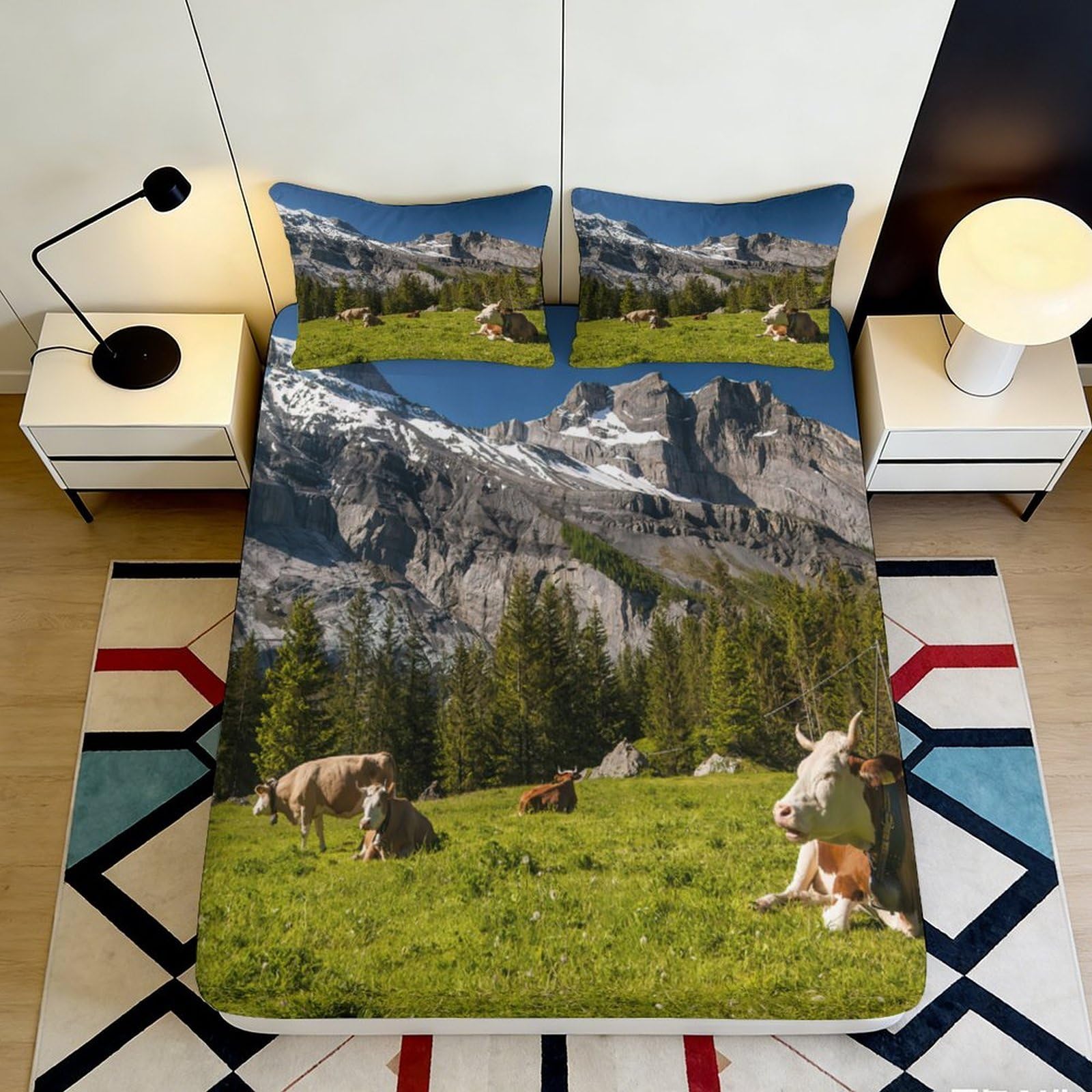 3D Printed Alpine Meadow Fitted Sheet Microfiber Cows Pastoral Mattress Cover for Bedroom Guest Room Decor Easy Care 90x200x25cm