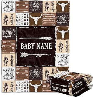 Baby Western Blankets, Cowboy Baby Blankets, Personalized Baby Blankets for Boys, Brown Western Blanket for Baby Boy, Custom Baby Blankets Name Fleece Blankets for Infant Newborn Son Daughter