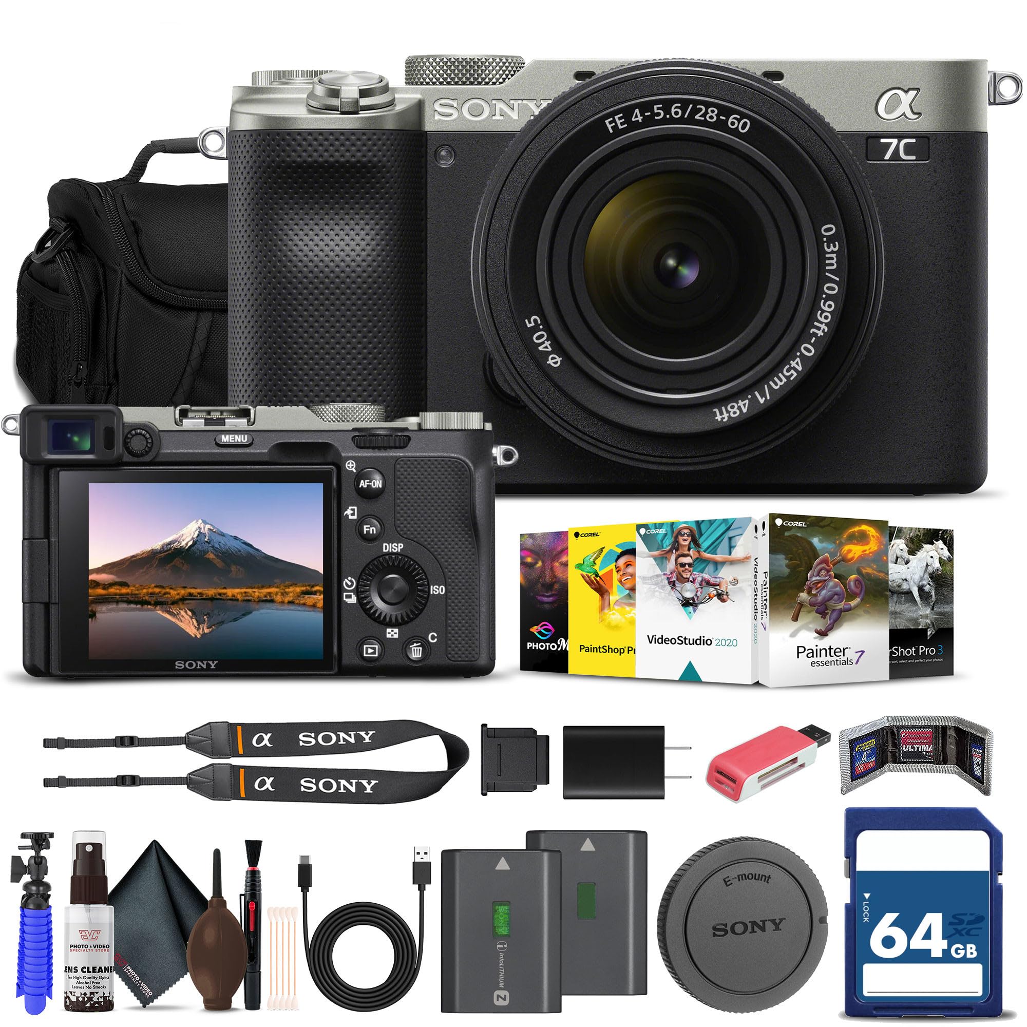 Sony Alpha a7C Mirrorless Digital Camera with 28-60mm Lens (Silver) (ILCE7CL/B) w/ 64GB Memory Card, NP-FZ-100 Battery, Photo Editing Software, Case, External Charger, Card Reader and More