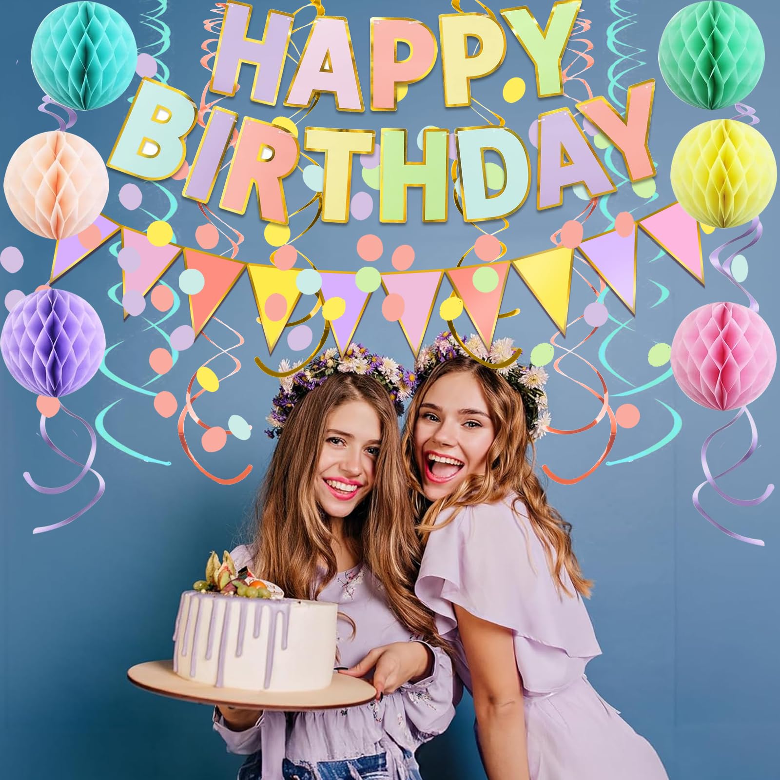 Fecedy Pancarta de feliz cumpleaños con banderines de papel coloridos, guirnalda de confeti, guirnalda de confeti, remolino, serpentinas, bola de panal para fiesta de cumpleaños