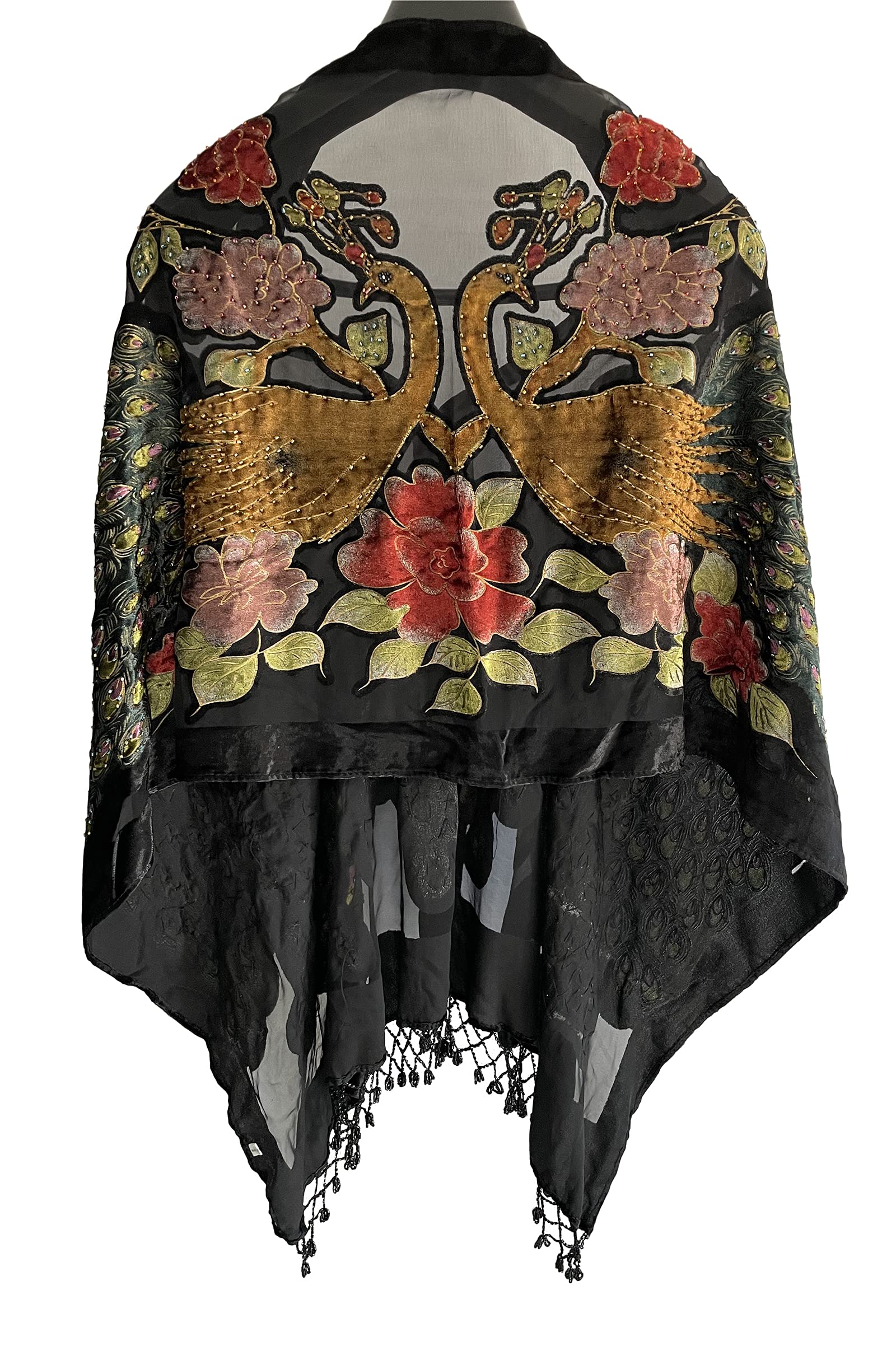 Dqssyttx Women's Black Peacock Velvet Shawl With Fringe Beaded Shawl For Peacock Scarf Handmade Beading Indian Wraps For Wome Tassel, 67X20