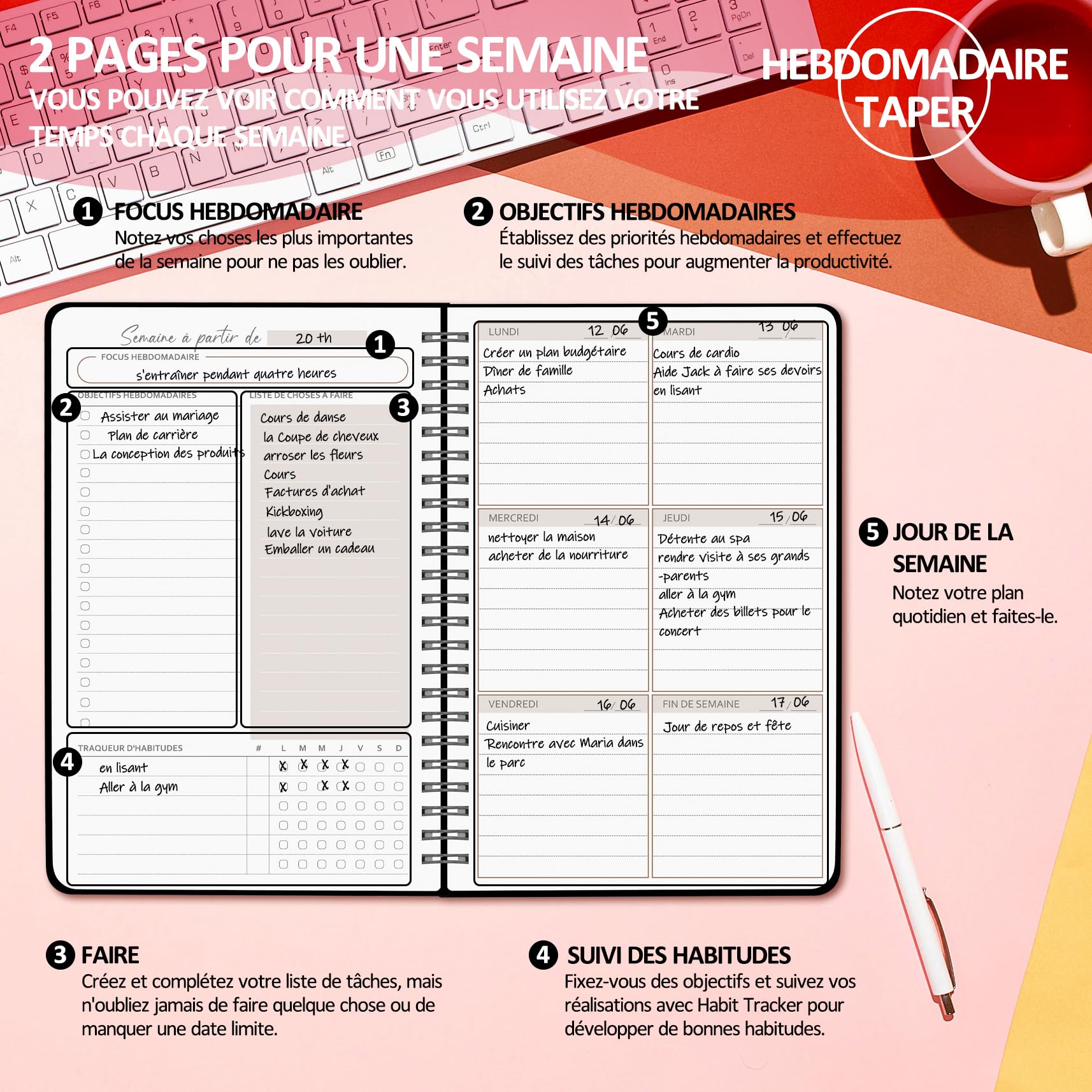 Biroyal Undated Weekly Planner, A5 Size, Weekly Planner with To-Do List, Large Area for Notes, 52 Sheets in French - Image 3