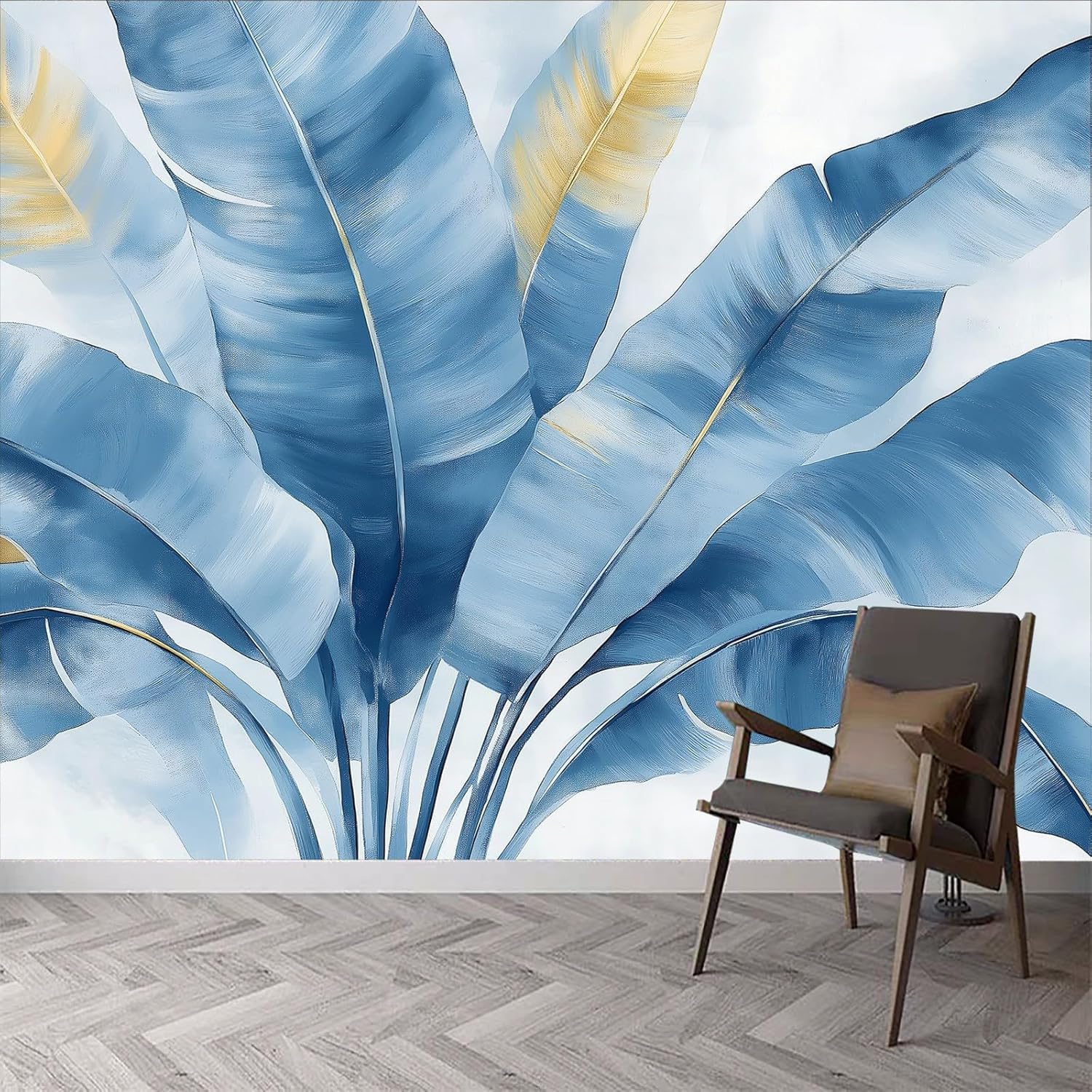 Papier peint tropical feuilles bleues pour salon et chambre 3D