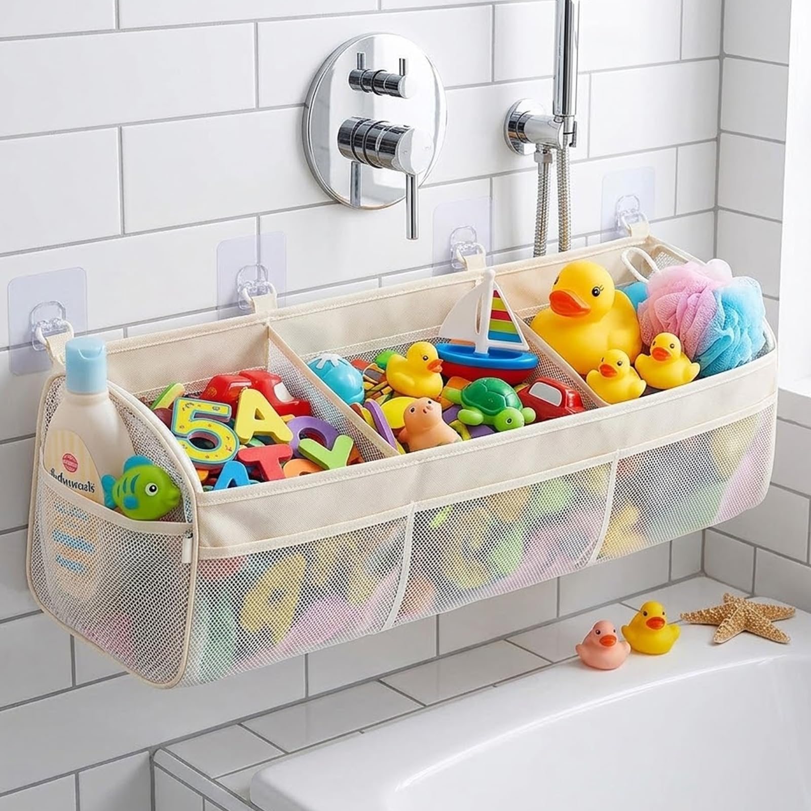 Bolsa de Almacenamiento para Juguetes de Baño de 3 Compartimentos - Malla Transpirable con 3 Ganchos Adhesivos, para Mantener el Baño Ordenado, Organización y Clasificación de Juguetes