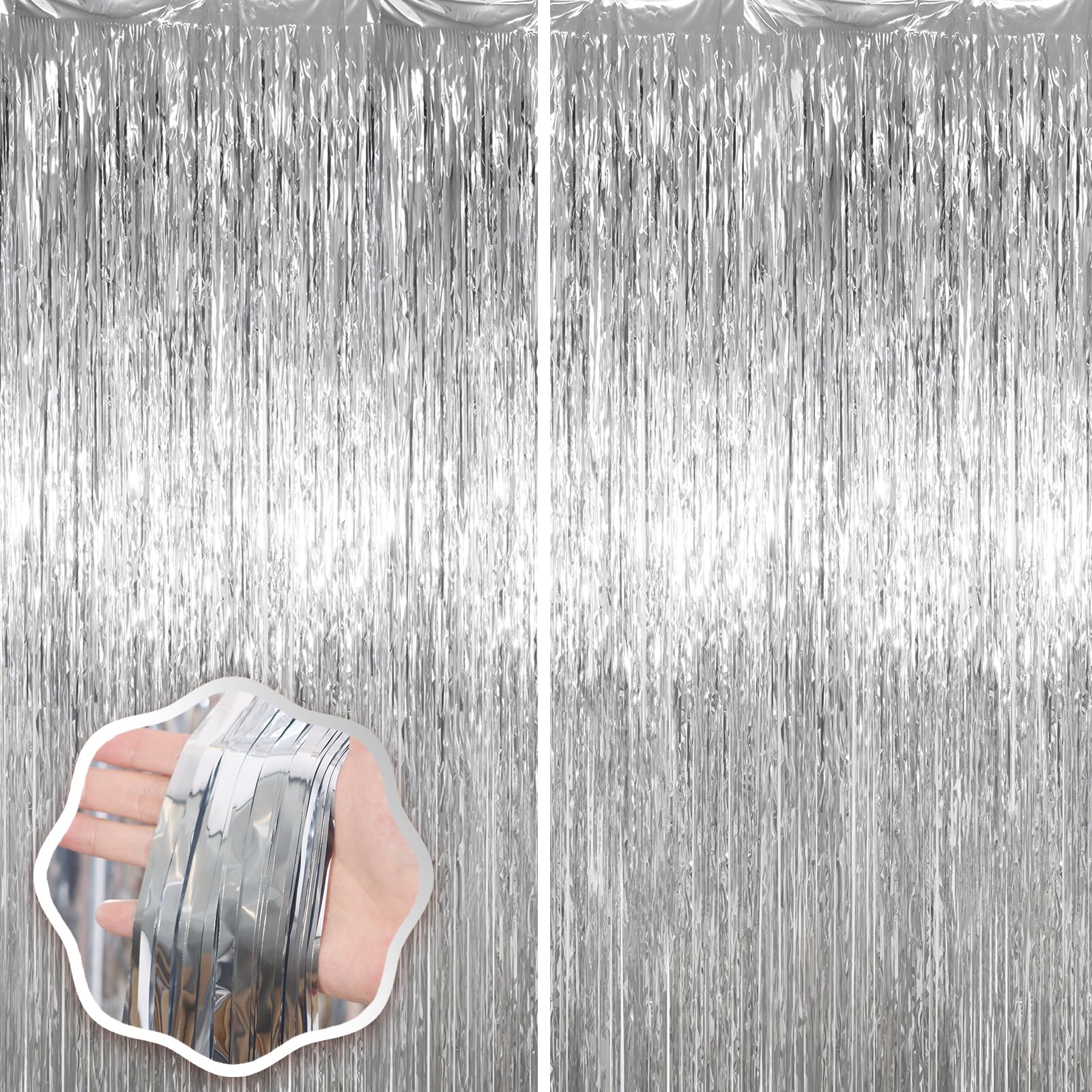 Voircoloria Silver Foil Fringe Backdrop Curtains,3.3x6.6ft, 2 Pack