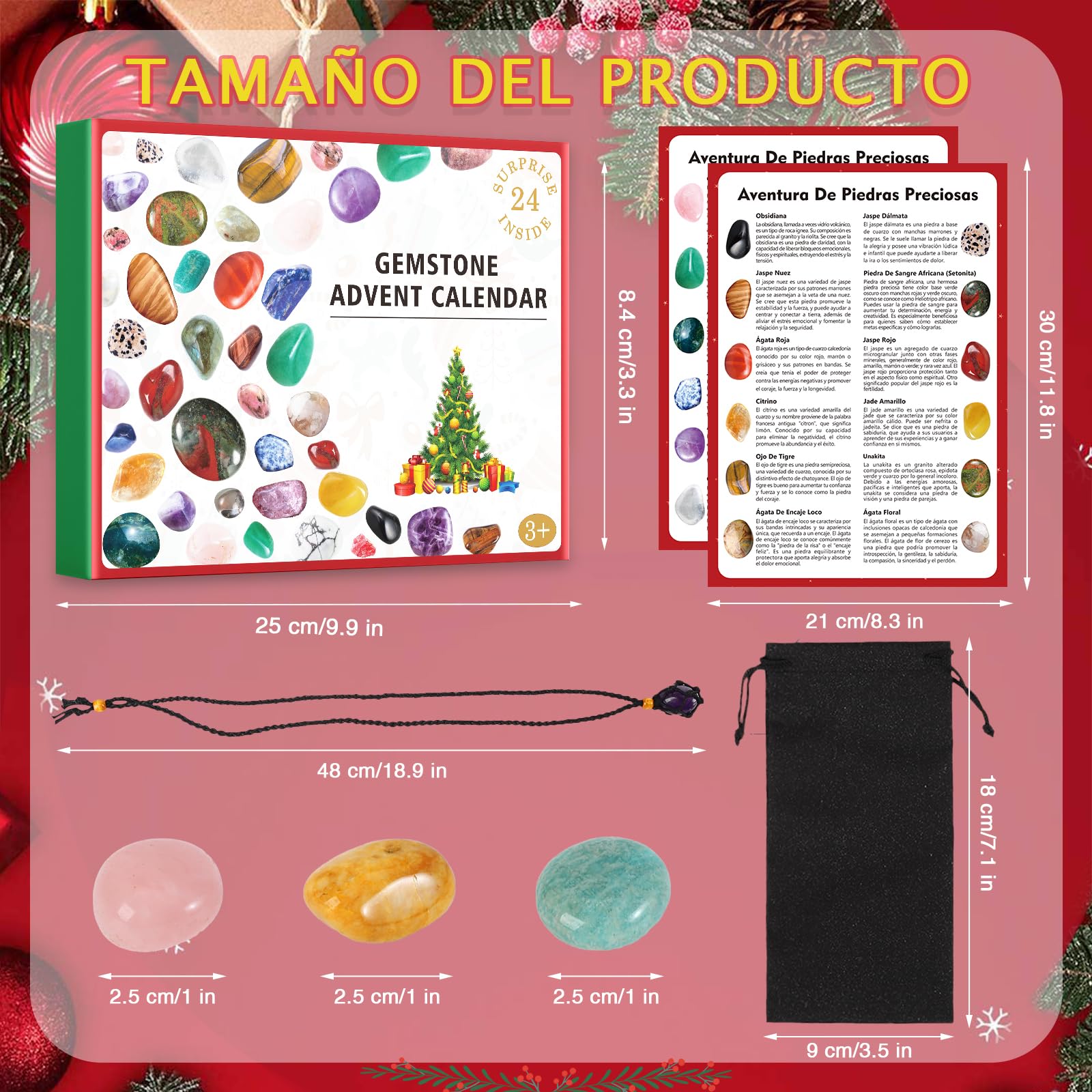 Calendario de Adviento de cristal 2025, 24 sorpresas con árbol de cristal de chakra, 23 rocas naturales y piedras preciosas para aprender, coleccionar, calendario de Adviento de Navidad, regalo para