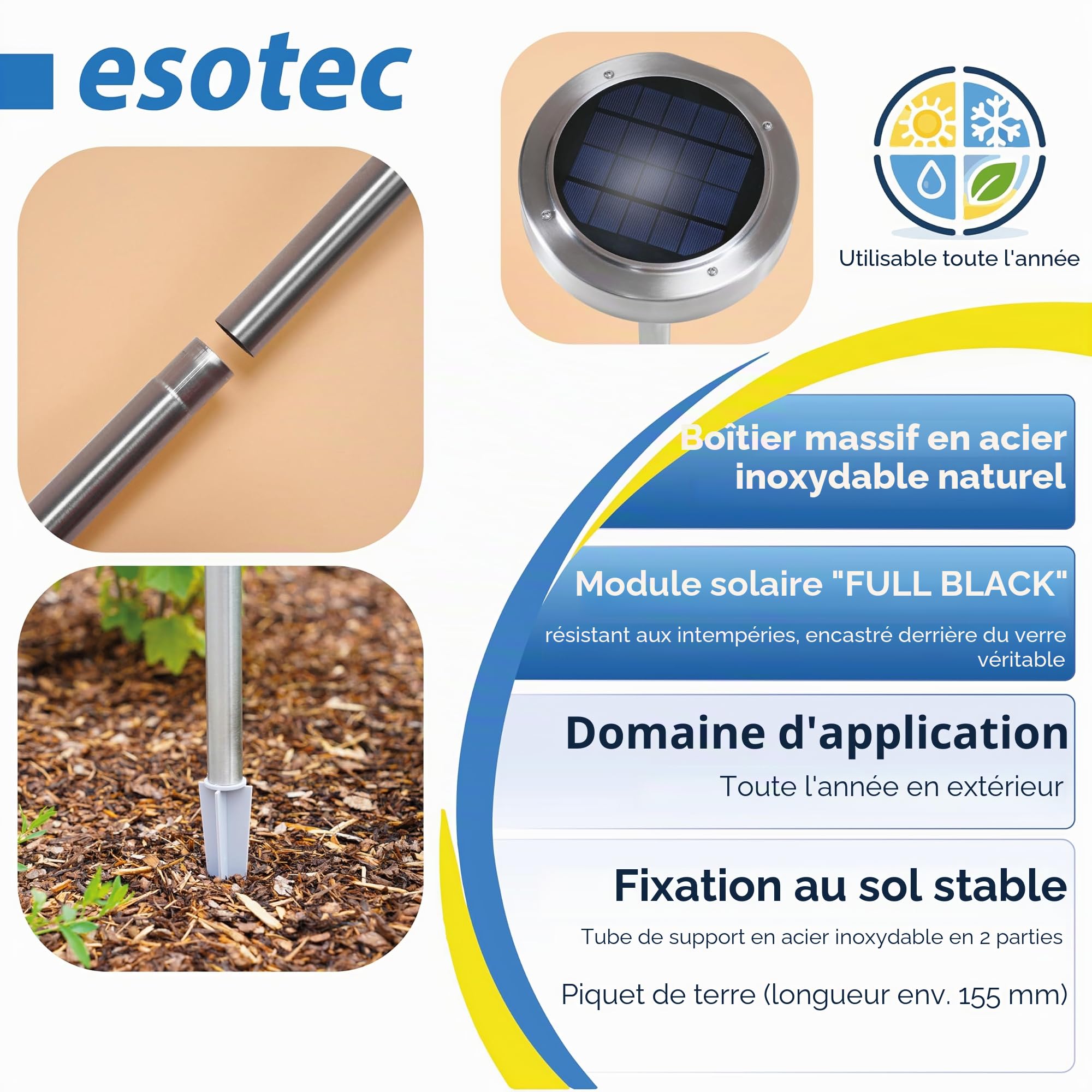 Esotec Lampe solaire PIR Asinara Pro, Duo Color, détecteur de mouvement, batterie, éclairage extérieur LED, éclairage de chemin, métal, extérieur, argent, H = 70 cm, 102530