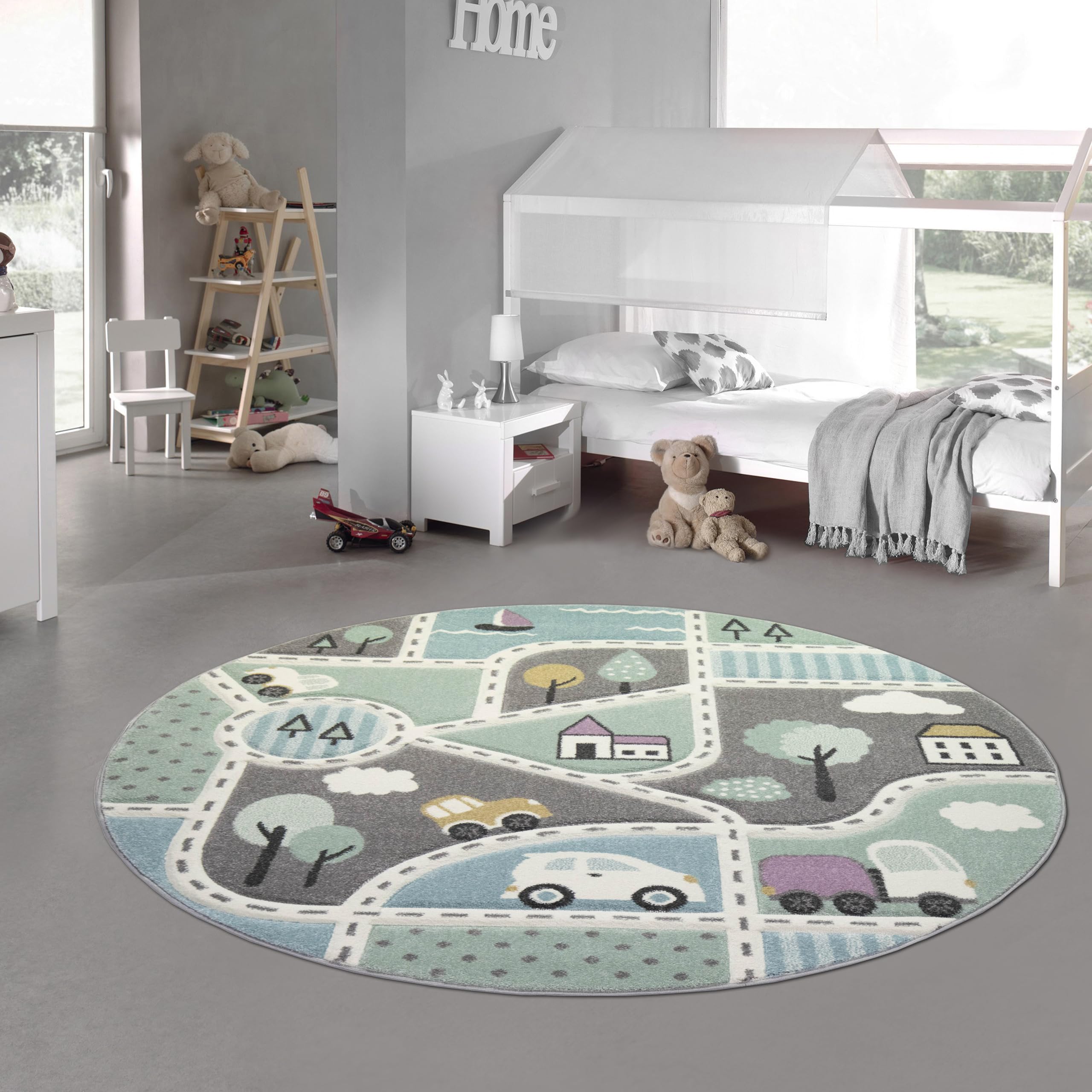 Teppich-Traum Runder Teppich modern weich pflegeleicht Wohnzimmer Schlafzimmer Kinderzimmer Design Teppich in Blau Grau dekorativ für Innenräume Ø 120 cm