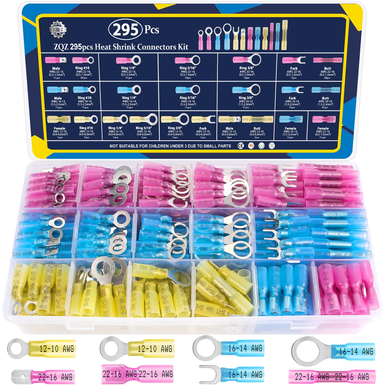 ZQZ Set mit 295 Schrumpfverbindern, wasserdicht, elektrische Crimpklemmen, einschließlich Ringen, Gabeln, Spaten, Kopfverbindungen, isolierten Steckverbindern für Automobilkabel
