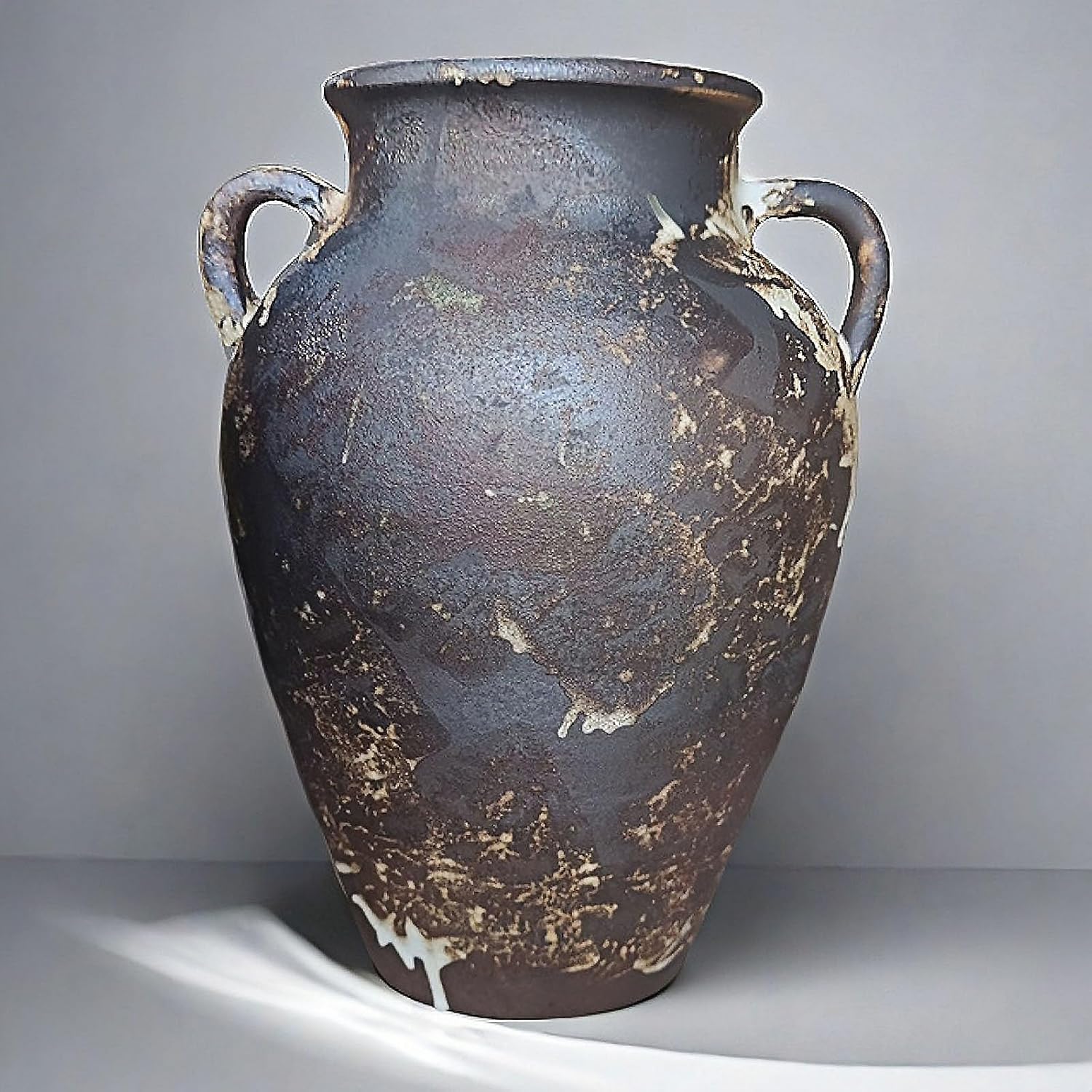 FlyingEdge 10" Handmade Black Terracotta Pottery Vase with Two Handles - Rustic Farmhouse Vintage Weathered Clay Decor for Entryway Mantel