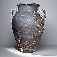 FlyingEdge 10" Handmade Black Terracotta Pottery Vase with Two Handles - Rustic Farmhouse Vintage Weathered Clay Decor for Entryway Mantel