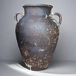 FlyingEdge 10" Handmade Black Terracotta Pottery Vase with Two Handles - Rustic Farmhouse Vintage Weathered Clay Decor for Entryway Mantel