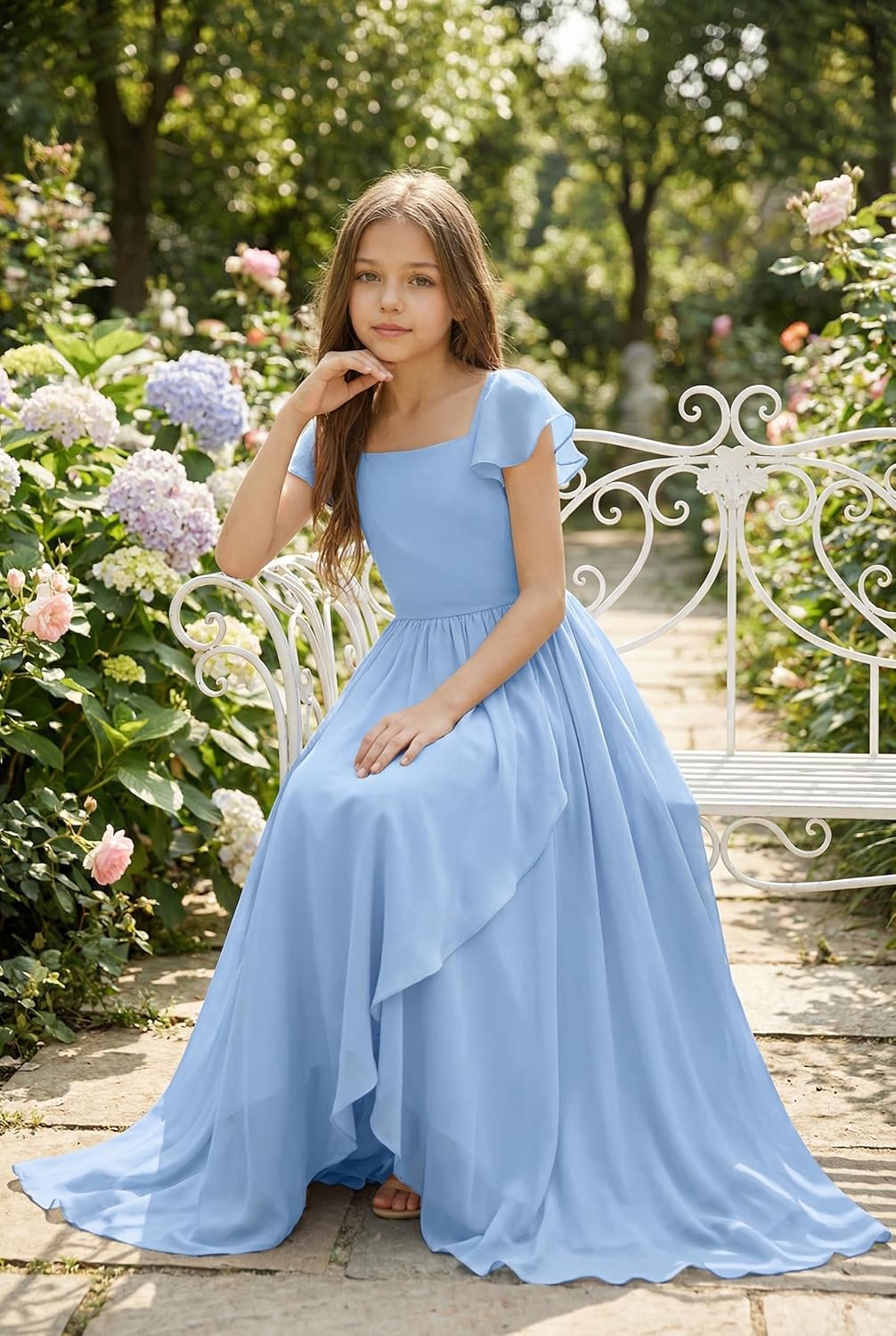 Rjin Flutter Sleeves Junior Bridesmaid Dress Chiffon Flower Girl Dresses for Wedding A-Line Girls Formal Party Pageant Dress